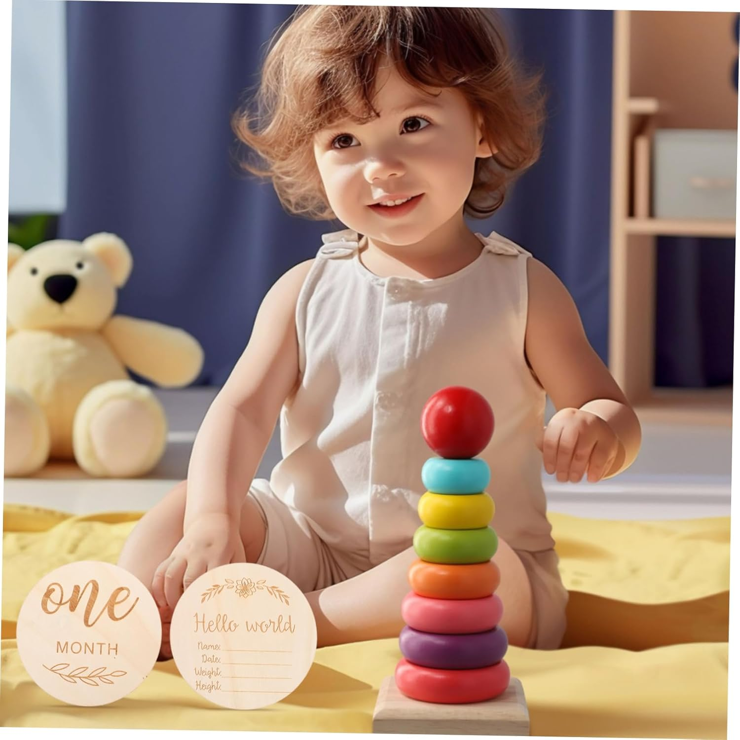 Toyvian 12Pcs Wooden Photo Props Milestone Signs Monthly Growth Tracking Cards Newborn Announcement Arrival Sign Wood Cards image number 1