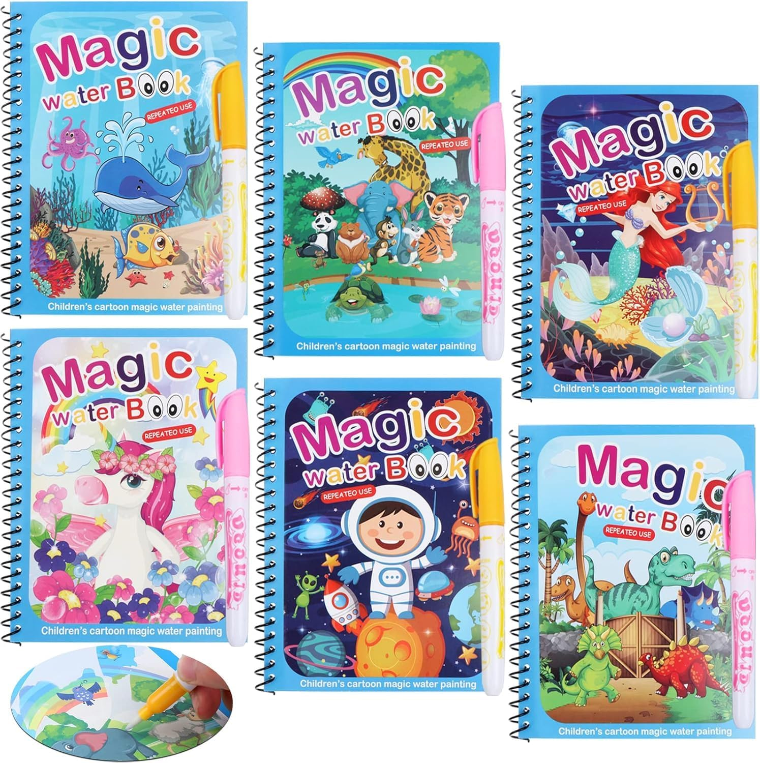 6 Pack Magic Water Coloring Book, Magic Painting Books with Water Pen Mess Free Coloring Books for Toddler 2-4Years Reusable Coloring Book-Children 3+ image number 4
