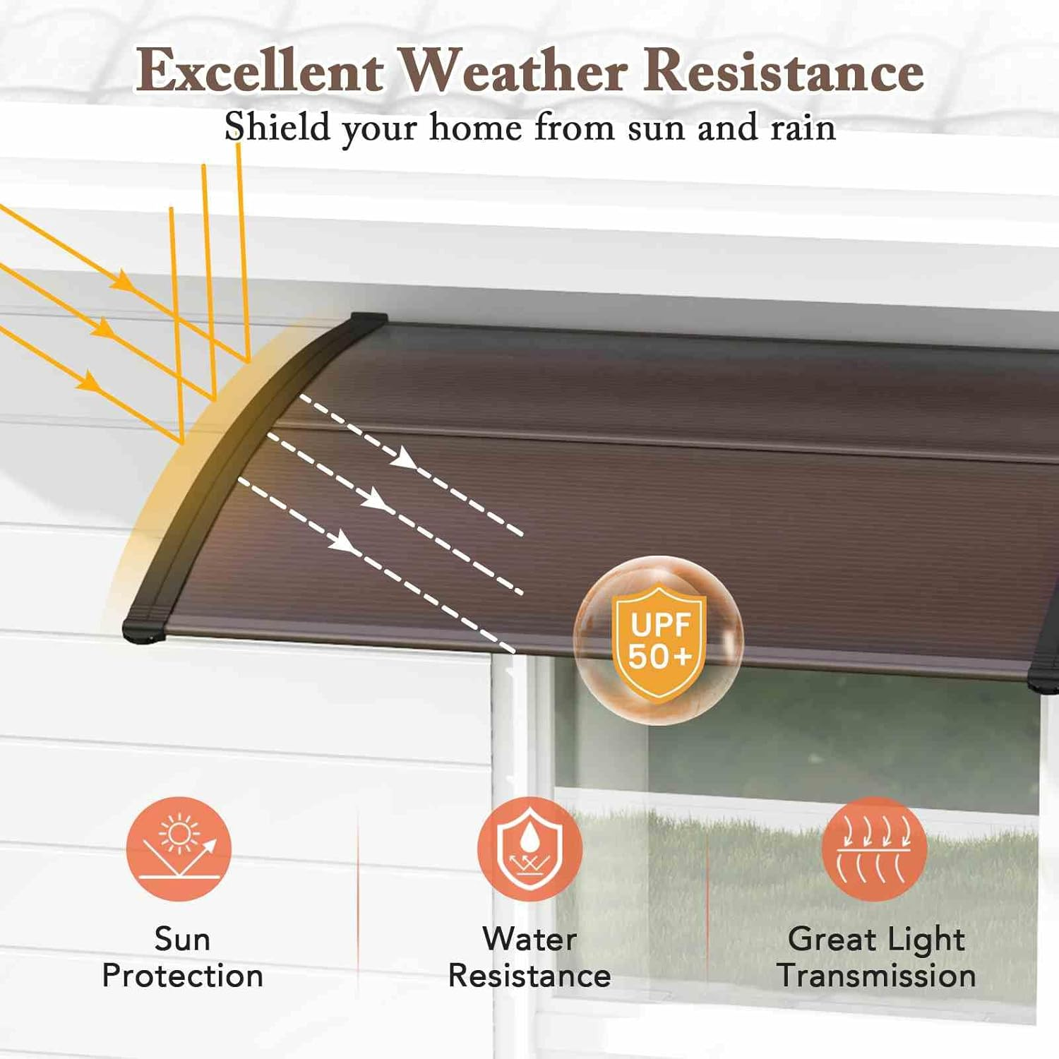 Costway 122 X 99Cm Window Door Awning Canopy W/ UPF50+ Sun Rain Snow Protection Hallow Polycarbonate Sheet, Entry Door Outdoor Patio Overhang Awing Exterior (Coffee) image number 5