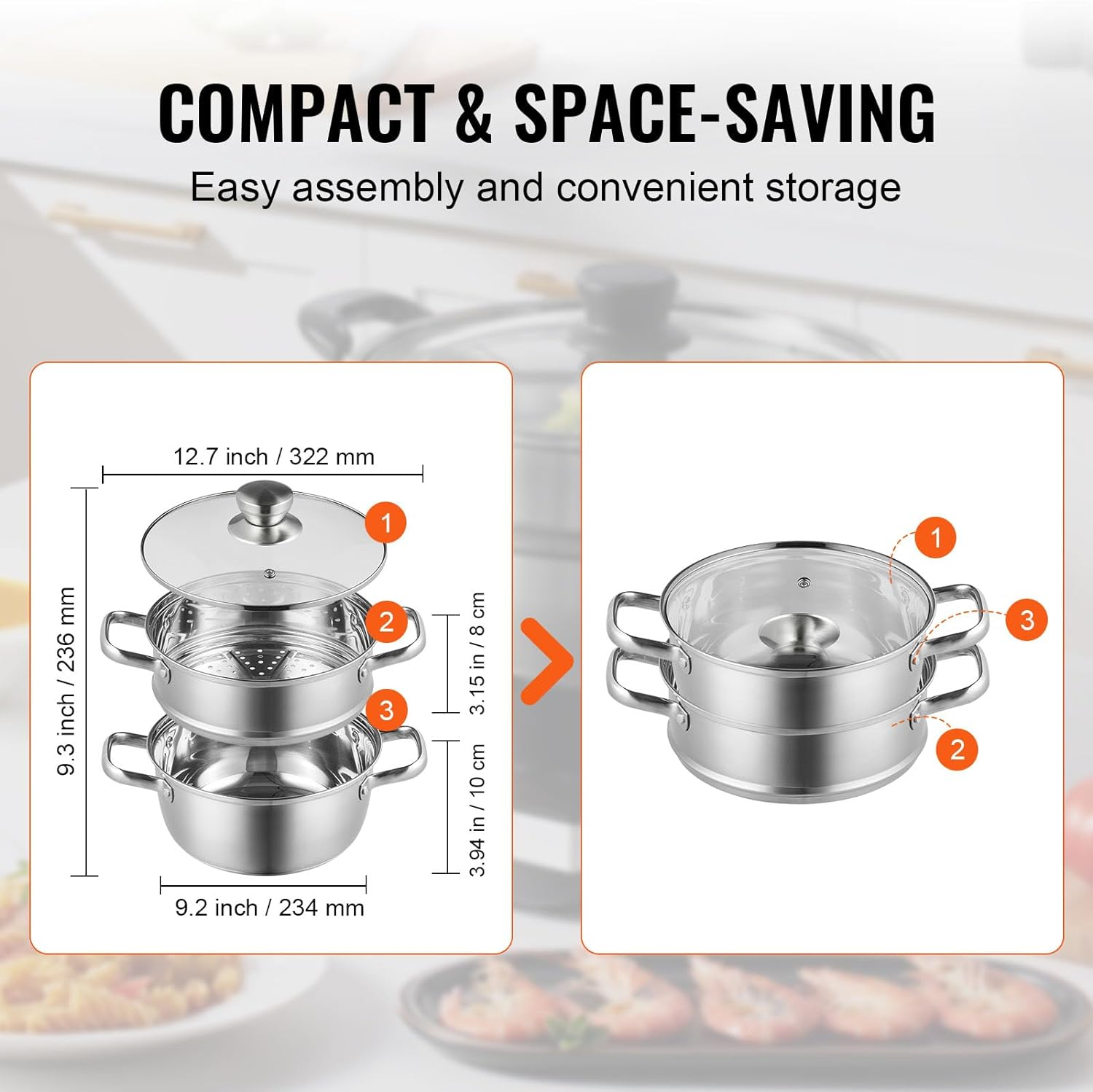 VEVOR Steamer Pot, 22Cm Steamer Pot for Cooking with 3QT Stock Pot and Vegetable Steamer, Large Capacity Stainless Steel Food Steamer Cookware with Lid for Gas Electric Induction Grill Stove image number 5