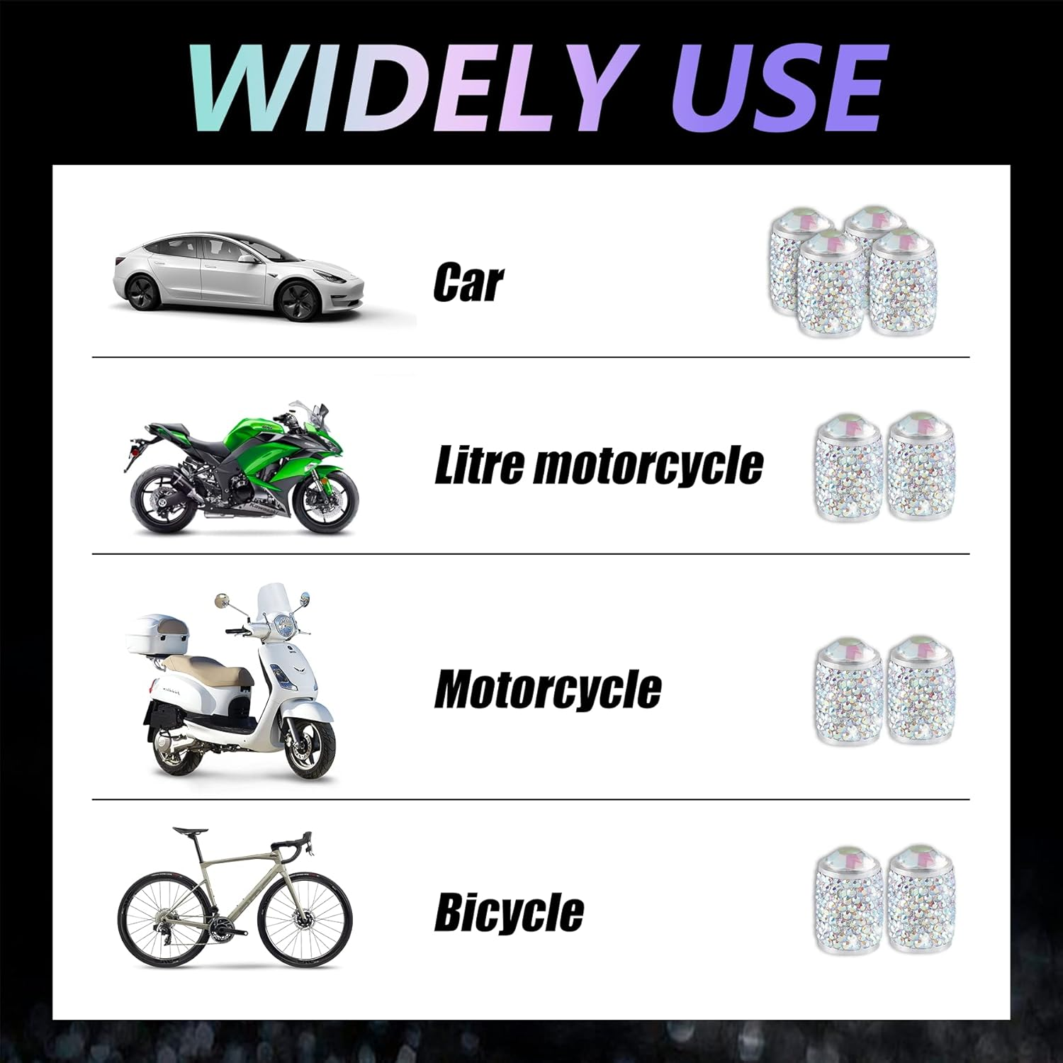 Alpmosn Car Wheel Tire Valve Caps, 4 PCS Bling Tire Valve Caps, Crystal Tire Caps Shinny Rhinestone for Women, Universal Car Dustproof Tire Valve Caps for Cars, Trucks, SUV and Motorcycles (AB) - Ab image number 5