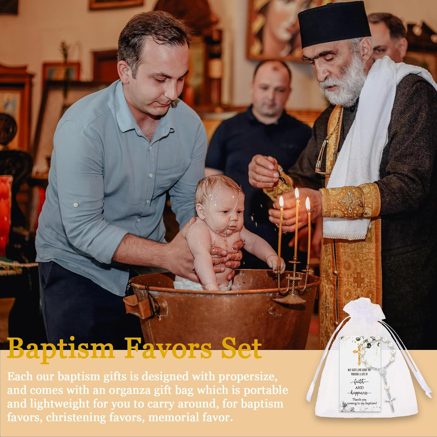 50 Sets Baptism Favors for Guests Acrylic Rosary Beads Faux Pearls Organza Gift Bags Thank You Cards Silver Angel Charm Keychain for Baptism Christening First Communion Party Supplies (Silver) image number 6