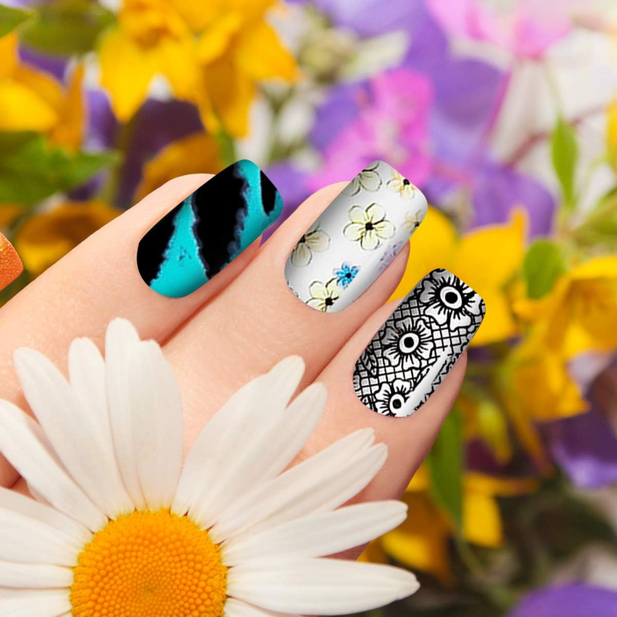 Duufin 300 Sheets Nail Foils Nail Art Transfer Foil Stickers Laser Flower Color Sheet Adhesive Stickers Paper Starry Sky Stars Black White Lace Design for Nail Art DIY Decoration image number 3