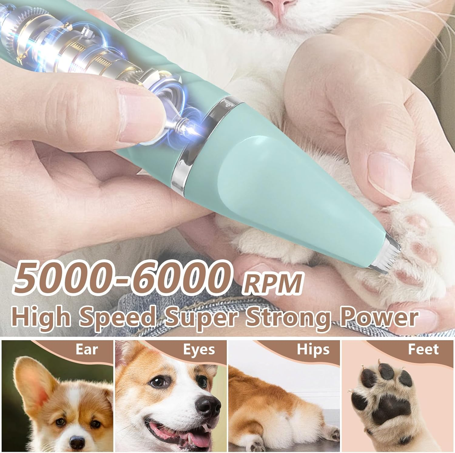 Grooming Kit, 4 in 1 Dog Clippers with 3 Cutter Head and Nail Grinder, Low Noise 55Db Paw Trimmer for Hair around Paws, Eyes, Ears, Face, Rump [4 Guide Combs] (Green) image number 5