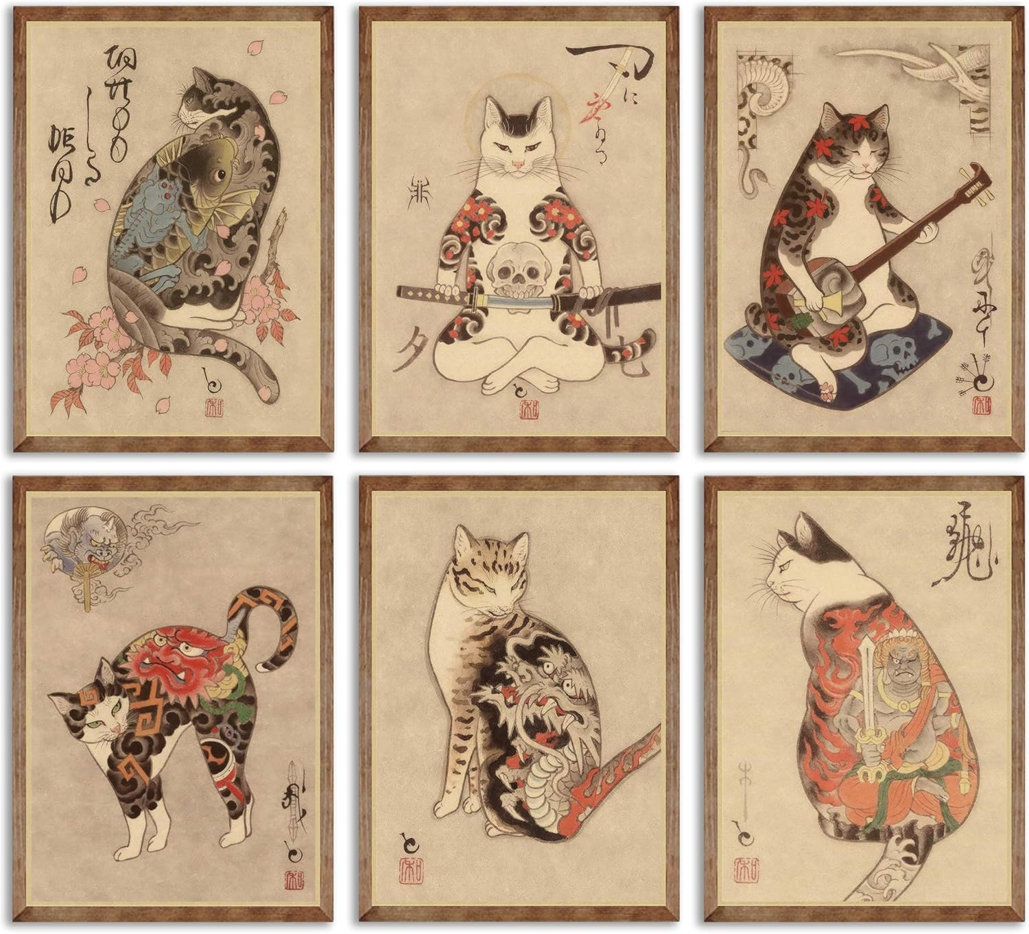 NBYARTQ 6Pcs Japanese Samurai Cat Wall Art Prints of Posters Japan Bushido Decor Kung Fu Paintings Tattoo Funny Fantasy Photo Picture Canvas Poster Painting for Living Room Print Bedroom Home Artwork image number 2