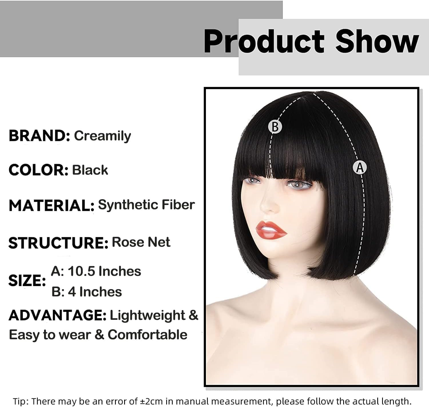 Creamily Black Short Bob Wig,Straight Black Bob Wig with Bangs, 12 Inch Straight Bob Bangs for Women Natural Looking for Party Halloween Costume Cosplay Party Daily Use image number 1