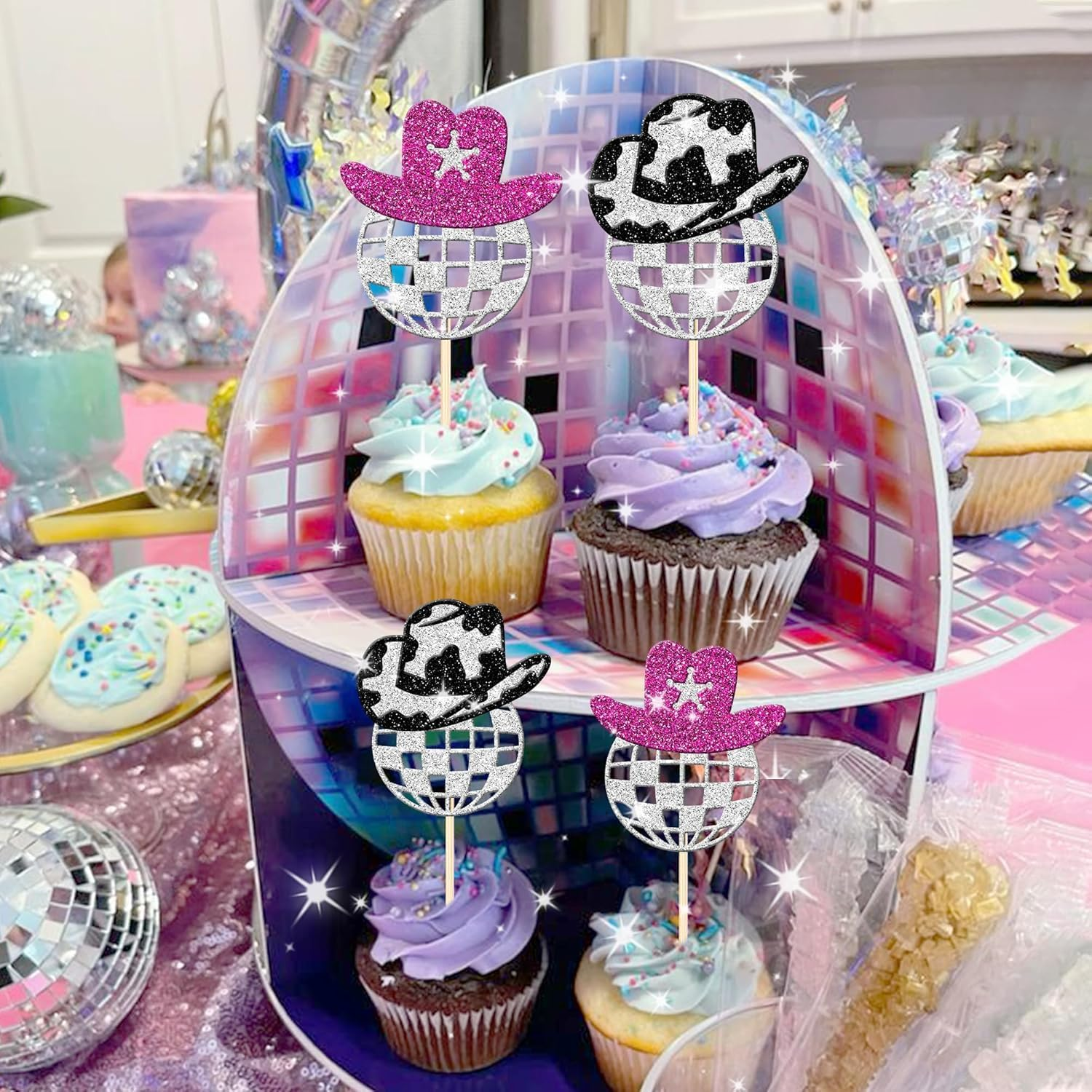 24 Pack Sparkling Disco Ball Cupcake Toppers Western Cowboy Hat Cupcake Picks Cowgirl 70S Disco Balls Cupcake Decorations for 1970S Music Disco Theme Birthday Party Cake Decorations Supplies (#1)