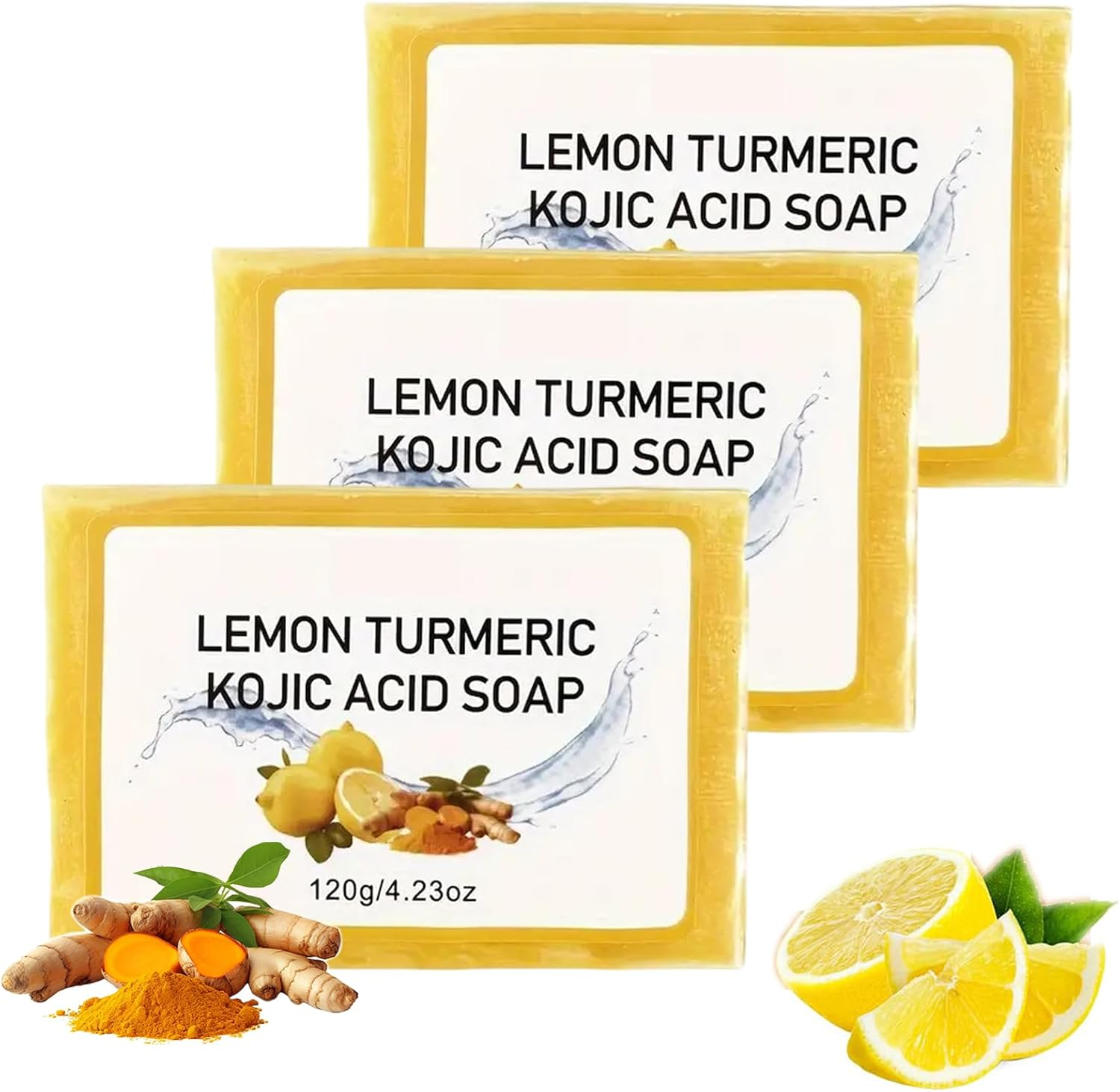 Scentric Glow Soap, Lemon Turmeric Kojic Acid Soap, Turmeric Soap for Dark Spots, Melanin Turmeric Soap for Face and Body, Moisturizing Deep Cleansing for Women & Men, Turmeric Lemon Soap 120G (3Pcs)