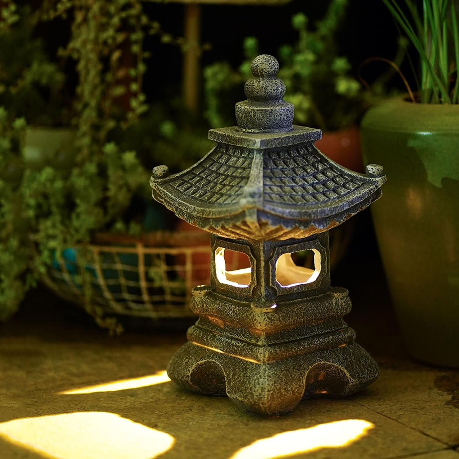 Gardenfans Solar Pagoda Lantern Garden Statue LED Light Outdoor Zen Garden Japanese Lantern for Landscape Balcony Patio Porch Yard Art Decor 6.7" H Gray Stone Finish image number 6
