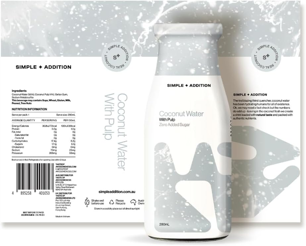 Simple + Addition Coconut Water with Pulp | 12 X 280Ml Glass Bottle. Refreshing, Potassium Rich Natural Coconut, Zero Added Sugar, Amazing Flavour & Hyper Hydration image number 1