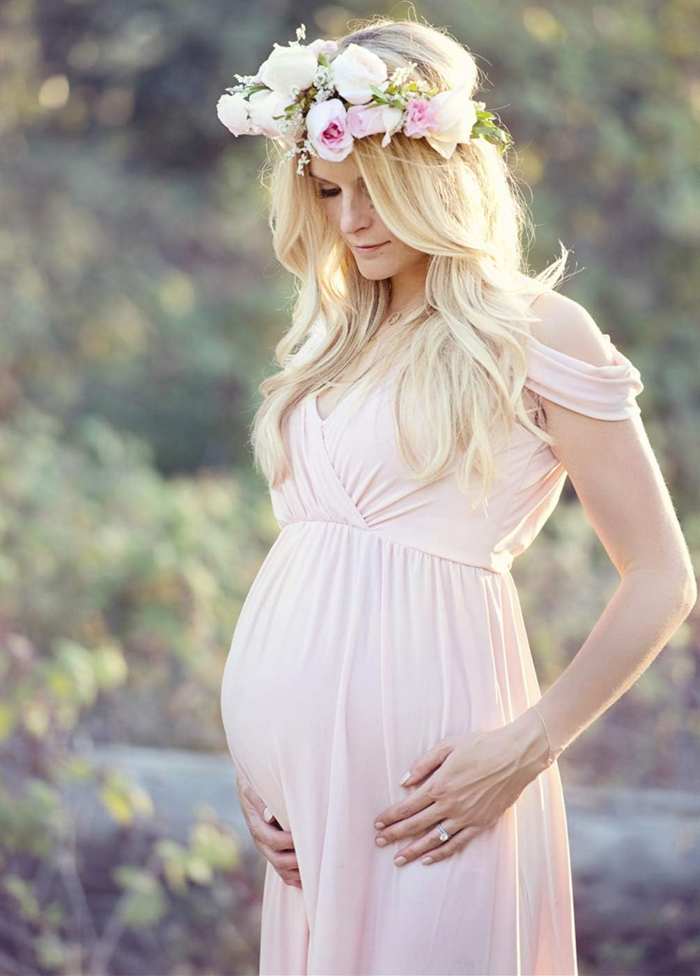 ZIUMUDY Maternity off Shoulder V Neck Wraped Photography Photoshoot Dress Maxi Baby Shower Dress image number 4