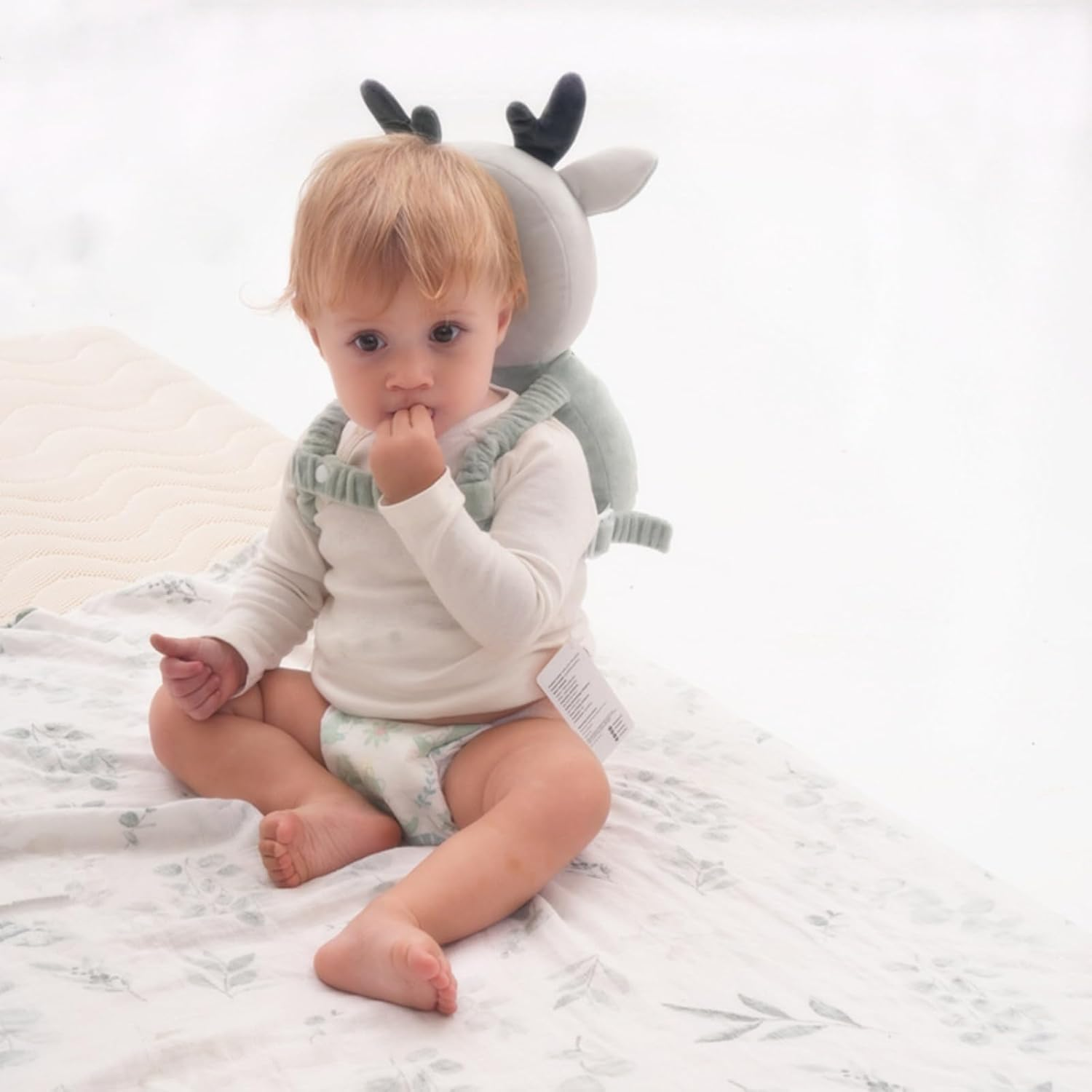 Adjustable Baby Head Protector with Safety Cushion &ndash; Soft Head Protection Backpack with 2 Pairs of Knee Pads for Crawling and Walking Infants and Toddlers (Mesh Deer, Blue)