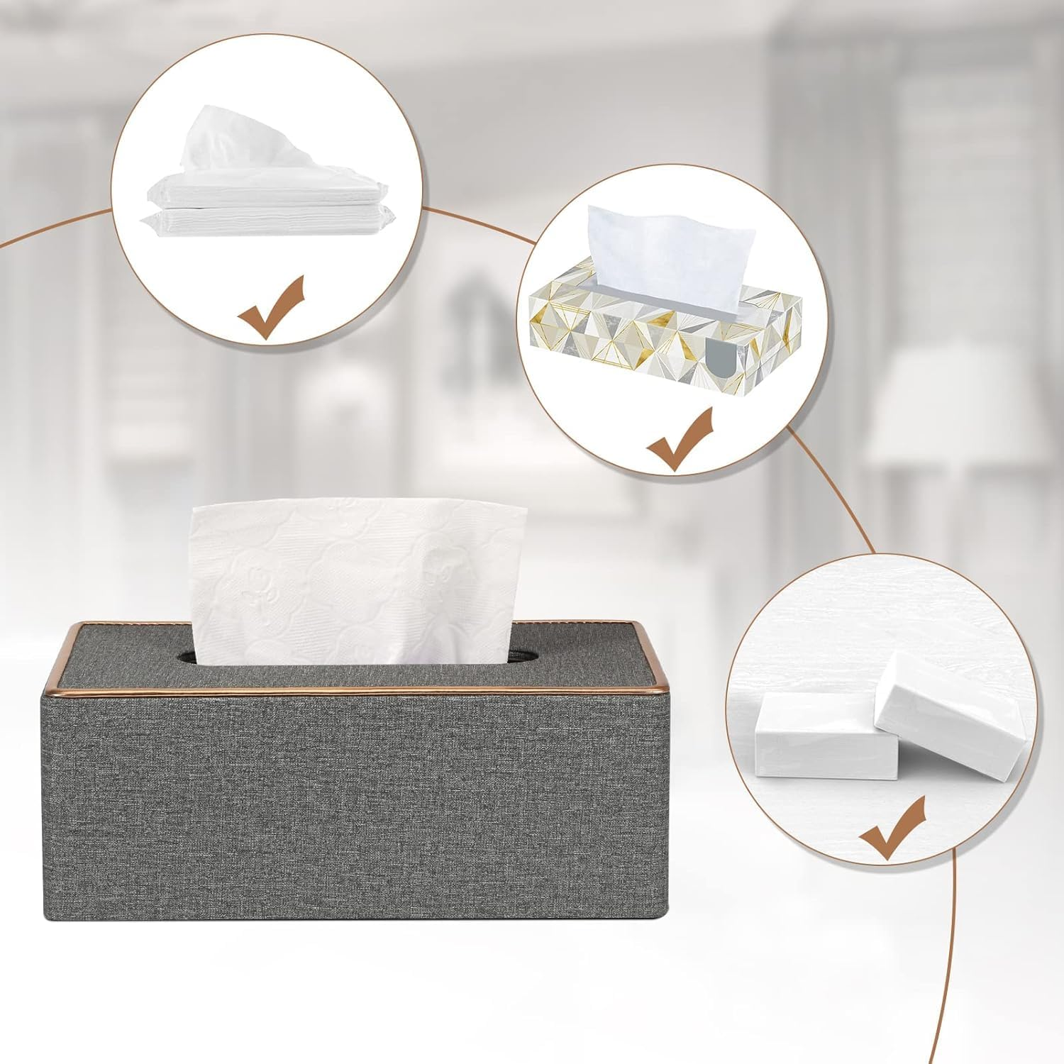 Tissue Box Cover, PU Leather Tissue Box Holder Rectangular Kleenex Box Covers for Home/Office/Car Decoration 9.84"X5.23"X3.77" (Grey) image number 1