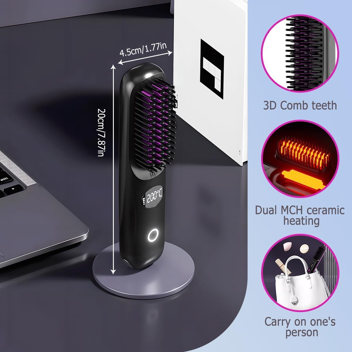 2026 Upgraded Cordless Hair Straightener Brush, Fast Heating Portable Hair Straightener Comb for Women Travel Essentials 3 Adjustable Temperature image number 5