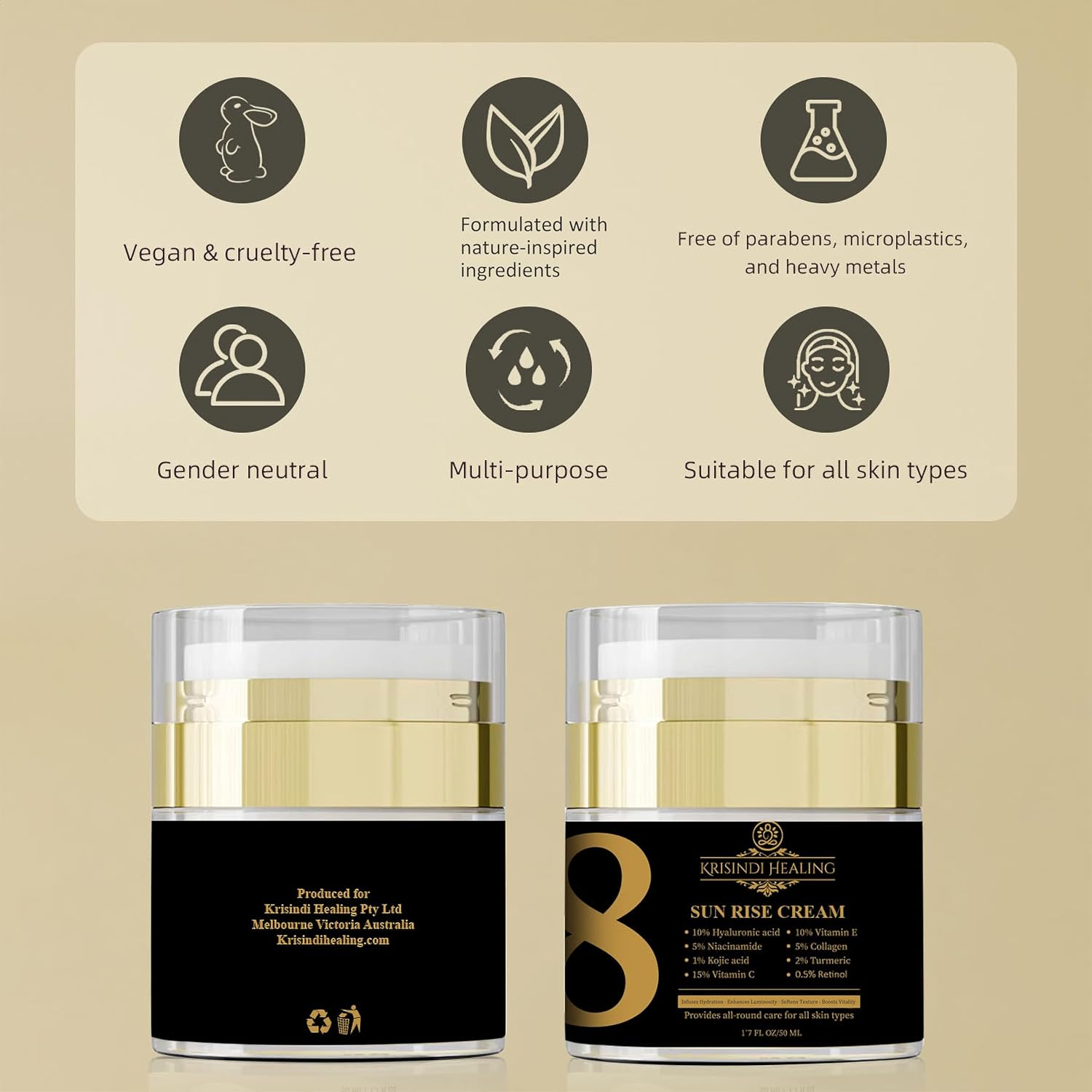 Sunrise 8 Cream by Krisindi Healing &ndash; 50Ml Daily Radiance Complex Moisturiser | Vitamin C &bull; Retinol &bull; Collagen &bull; Hyaluronic Acid &bull; Kojic Acid &bull; Niacinamide &bull; Vitamin E &bull; Turmeric image number 6