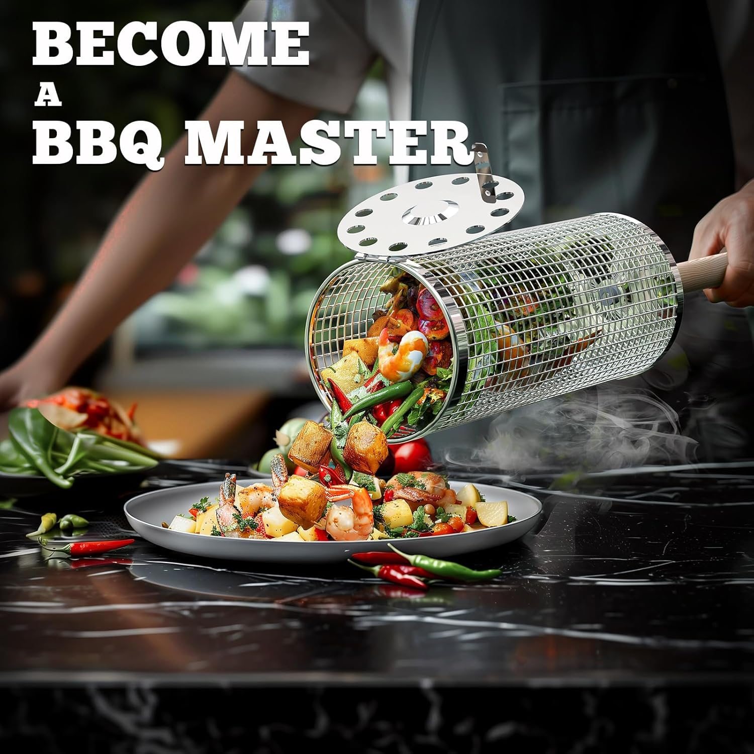 Rolling Grill Basket(2Pcs), Removable Wooden Handle, 304 Stainless Steel, Nesting Grilling Net, BBQ Accessories Tool for Vegetable Shrimp, Outdoor Cooking Camping, Birthday Gifts for Men Dad Husband image number 3