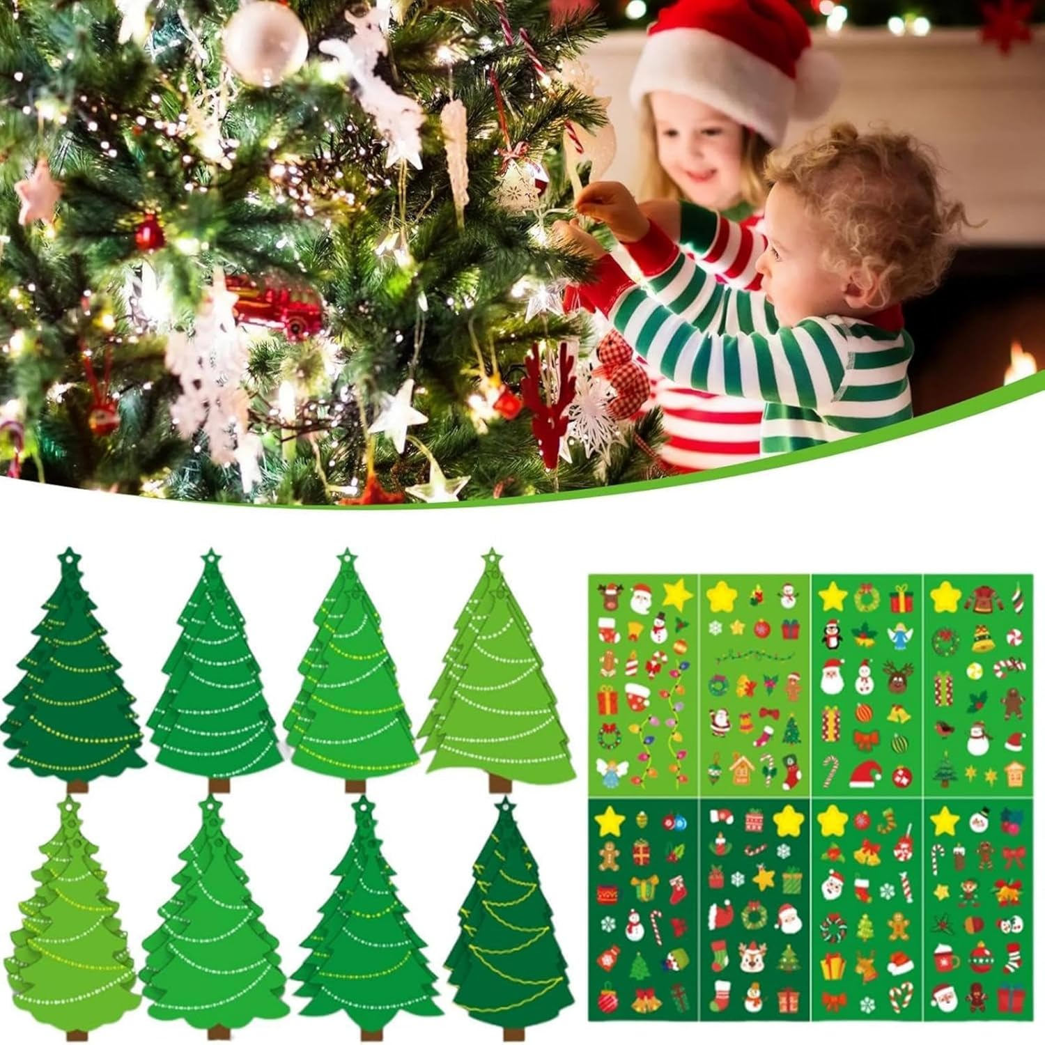 Christmas Tree DIY Stickers Xmas Ornament Craft Kit 24Pcs Christmas Tree Decorations & Sticker Cards | Fun Kids Holiday Activity & Gift Set image number 1