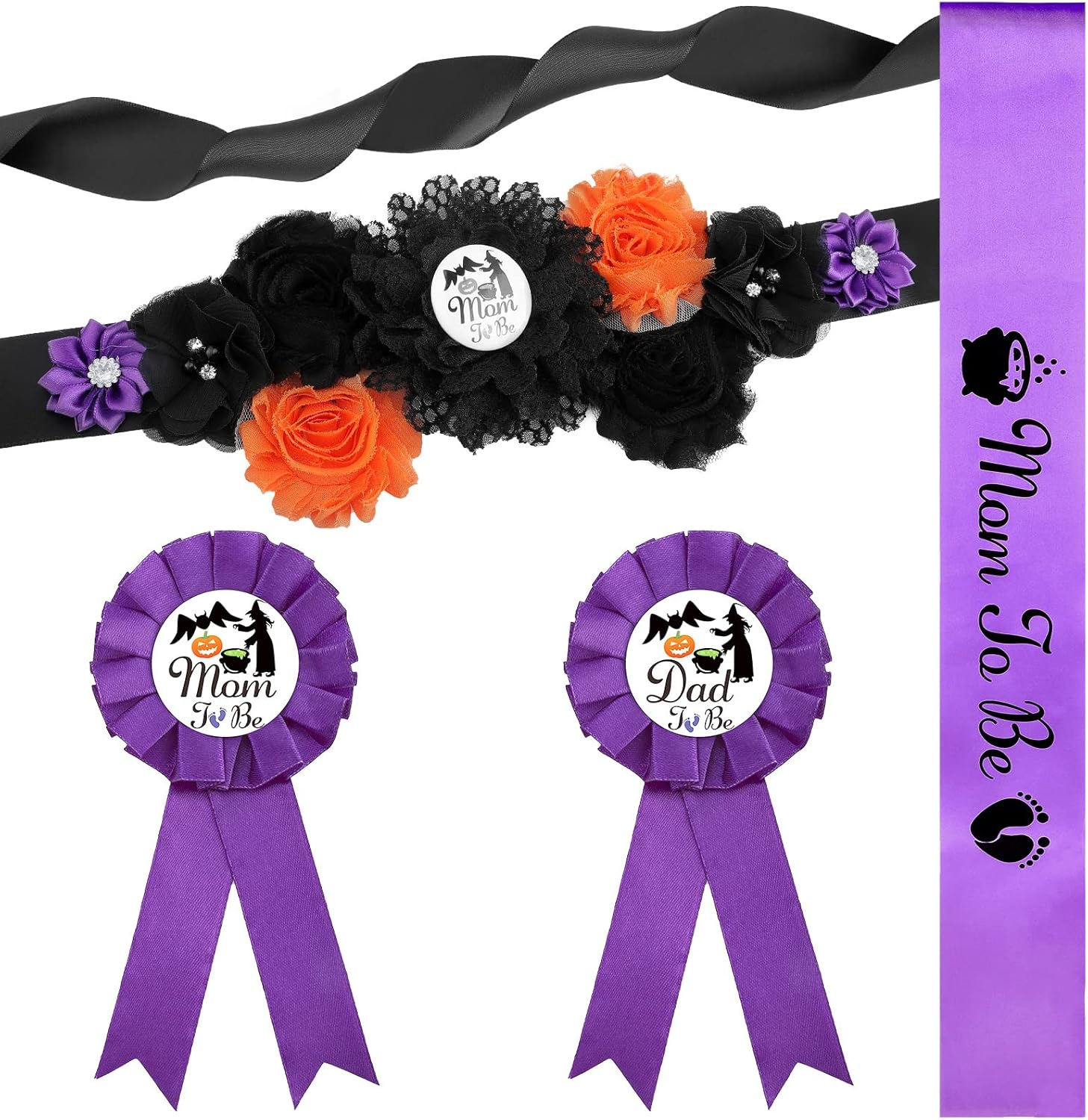 4 Pcs Halloween Pumpkin Maternity Sash Set Happy Fall Theme Mom to Be Dad to Be Corsage Pins Baby Shower Maternity Sash Belt Pregnancy Sash Keepsake for Autumn Gender Reveal (Cute Style) image number 4