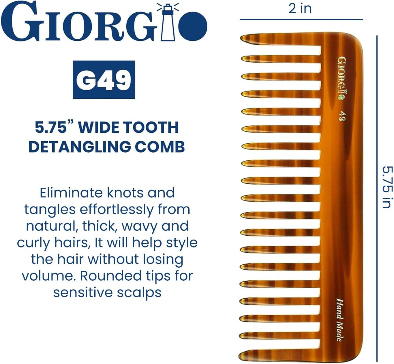 Giorgio G49 Large 5.75 Inch Detangling Comb, Wide Teeth for Thick Curly Wavy Hair. Long Hair Detangler Comb for Wet and Dry. Handmade of Quality Cellulose, Saw-Cut, Hand Polished, Tortoise Shell image number 4