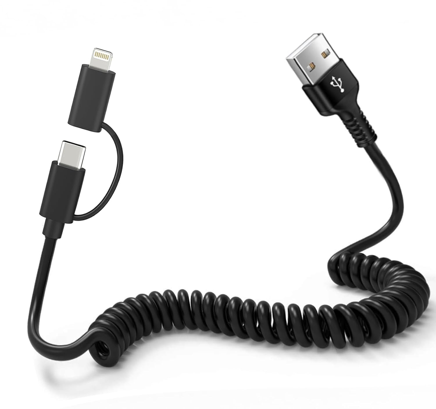 USB to USB C and Lightning Cable - Support Apple Carplay & Android Auto Cable [Mfi Certified] 3A Fast Charge & Data Sync Coiled Dual Lightning and USB C Cable 2 in 1 for Iphone 16/15/14/13/12/Android image number 2