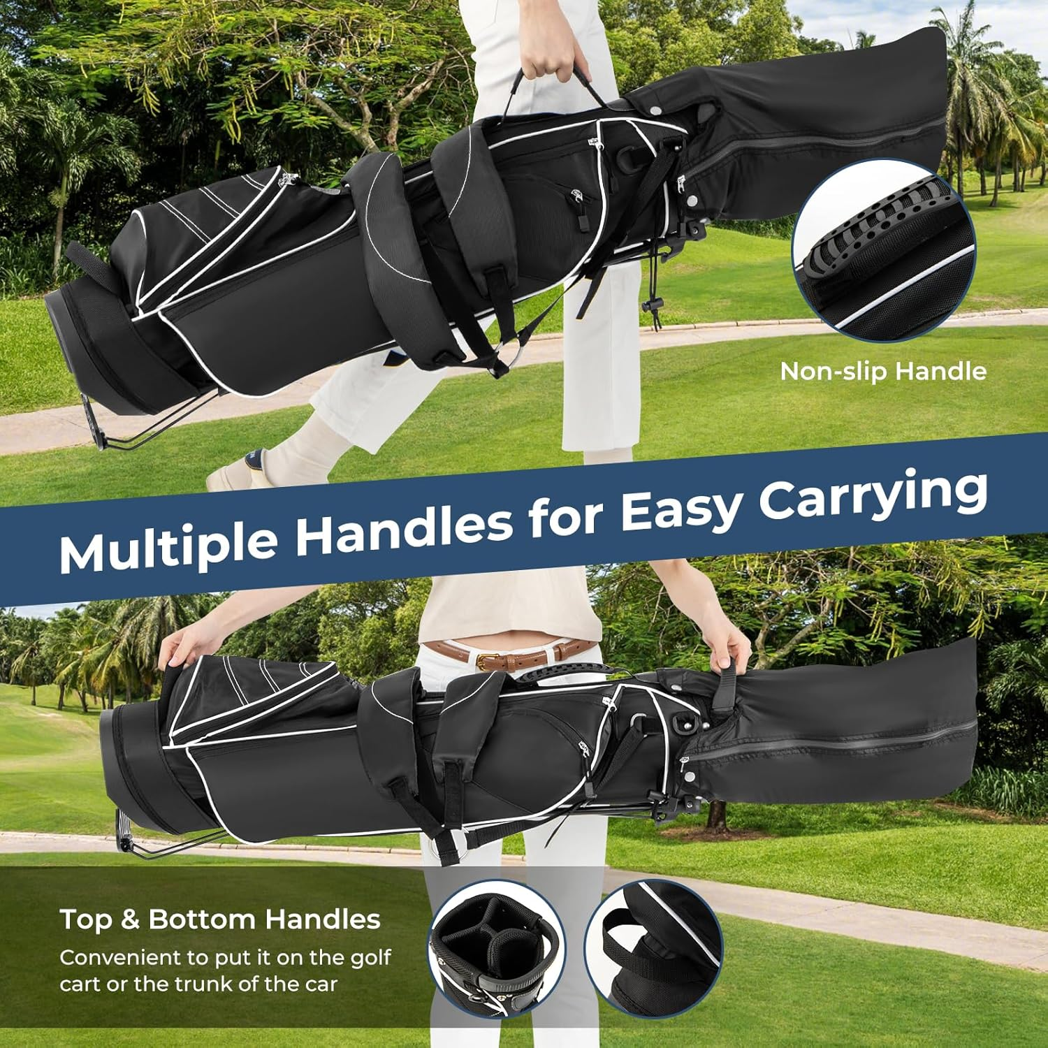 Costway Golf Stand Bag, Ultra Lightweight Golf Bag with 4-Way Top Dividers, Adjustable Dual-Strap, Foldable Bracket, Handles, Outer Pockets for Extra Storage, Easy Carry Golf Clubs Carrier, Ideal for Golf Course & Travel - Navy image number 6