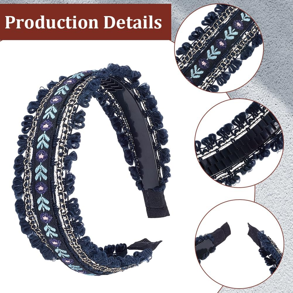 CABODYALS 2 Pieces 2 Colours Black White Trendy Ethnic Floral Embroidered Headbands Floral Boho Hair Bands Vintage Headband Set with Fringe Embroidery for Women Wedding Outfit Dress Hairstyle image number 1