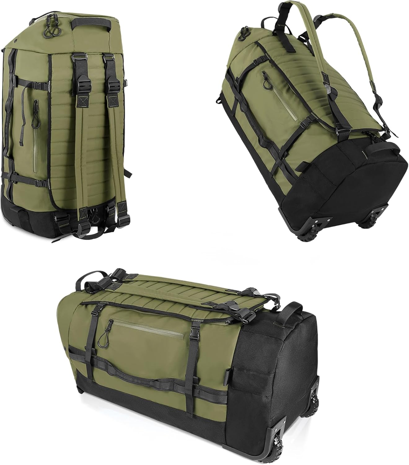 CONTAIL 86L Foldable Wheeled Duffel Backpack with Padded Quilted Bottom, Waterproof Collapsible Travel Duffle Bag with Extended Web Handles, Navy, Litle, Expandable Luggage with Spinner Wheels