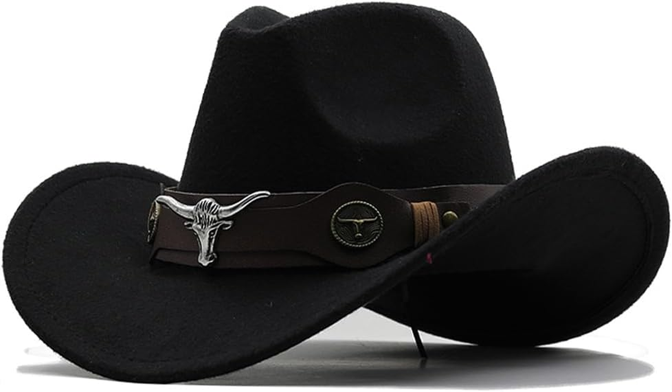 AIMALL Top Hat Ethnic Style Cow Label Western Denim Top Hat, 4.72-Inch Retro Woolen Felt Riding Hat with Adjustable Ribbon, Metal Stud Decor, Sweatband, Fits Head Circumference 22.02-22.81 Inches