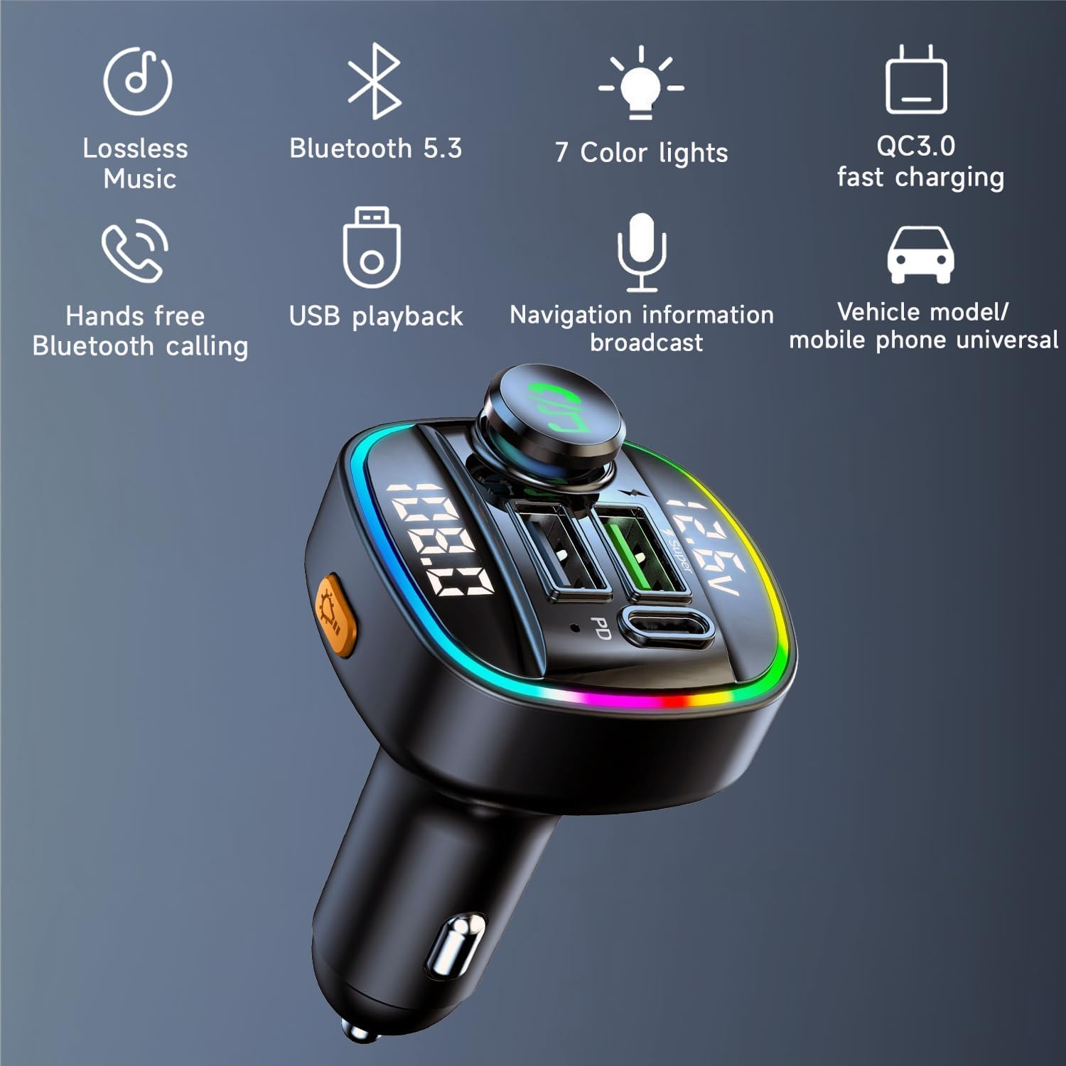 QUMOX Bluetooth 5.0 FM Transmitter for Car, C22 Adapter with 30W PD Fast Charging, Voltage Display, Big Knob Control, USB/TF Music Playback, Voice Assistant, Hands-Free Calls