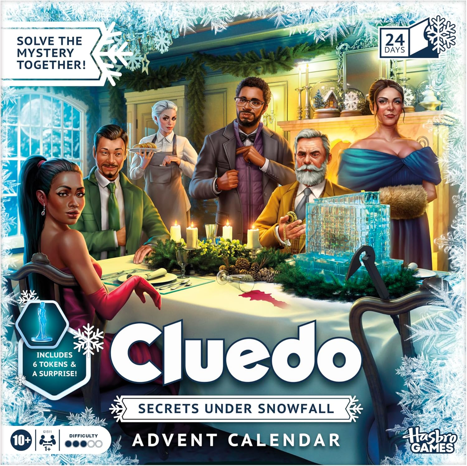 Clue Advent Calendar: Secrets under Snowfall | 24 Days | Family Mystery Games | with 6 Winter-Themed Tokens and Surprise | Ages 10+ | 1+ Players