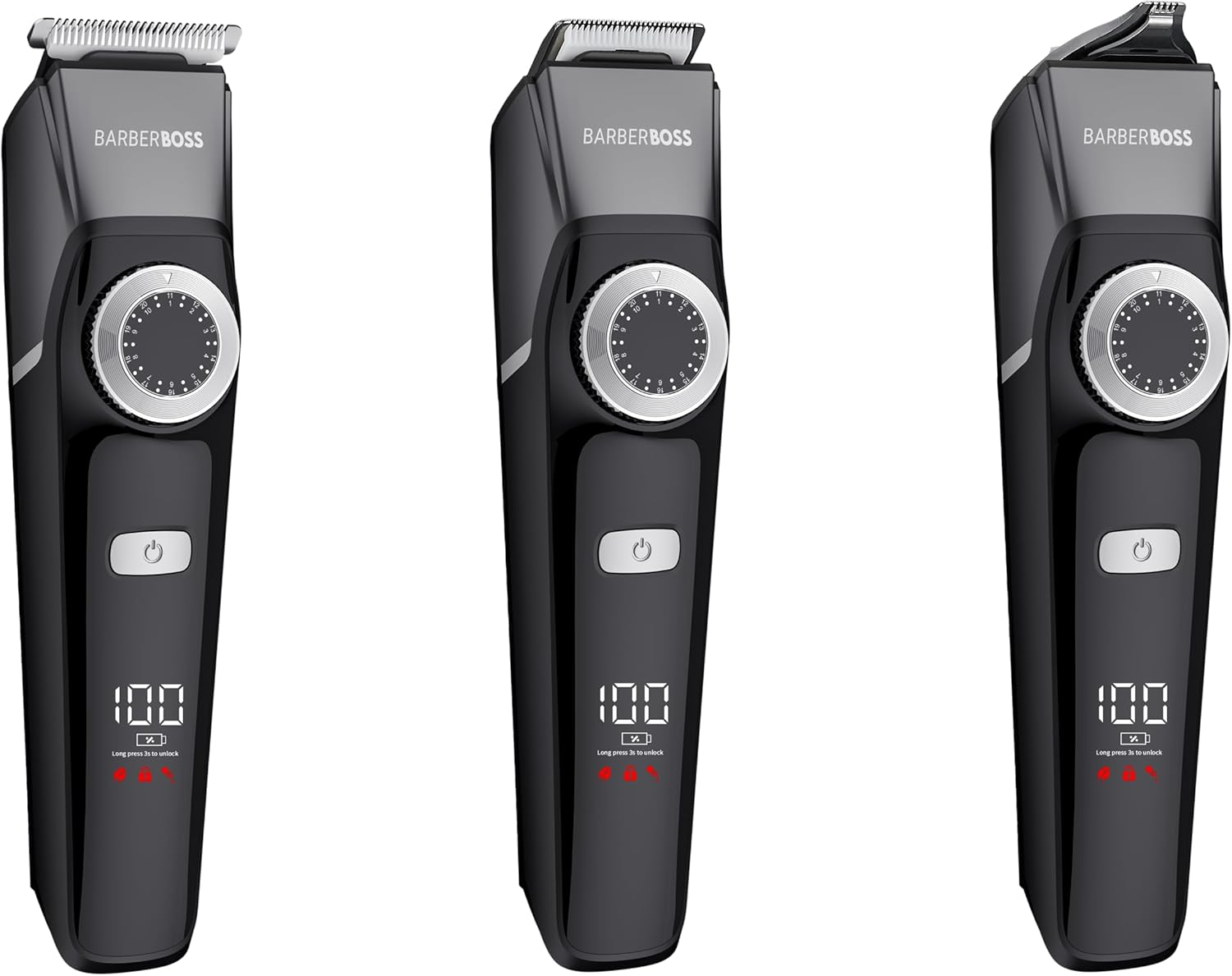 Barberboss 3-In-1 Face Care Set for Men, Hair Trimmer, Beard Trimmer, Detail Cutter, Precision Control Wheel, 4 Guide Combs, USB Rechargeable, LED Display, 100% Waterproof