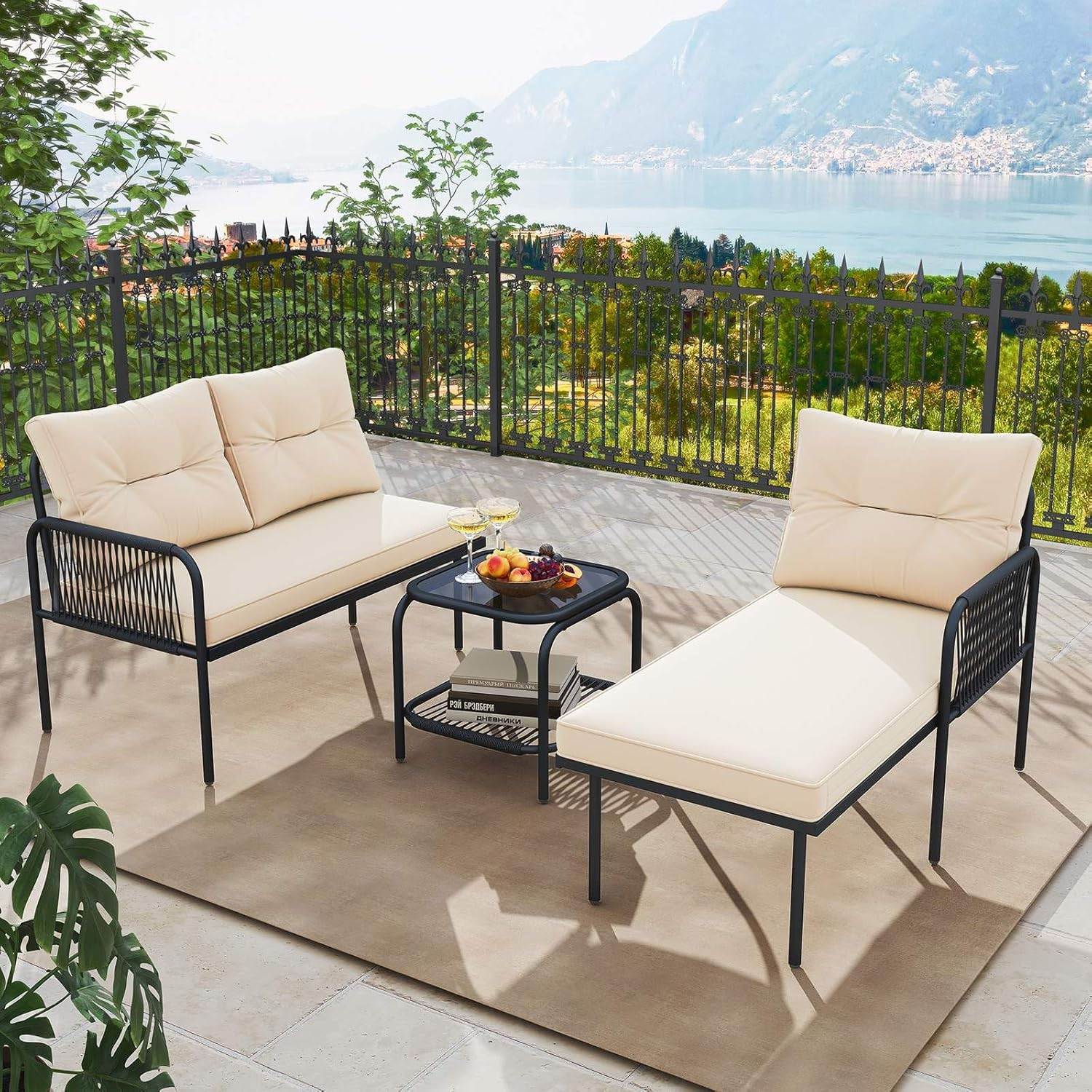 Costway 3-Piece Patio Sectional Sofa Set, Outdoor L-Shaped Furniture Set, Wicker Rattan Conversation Set with Thick Cushions, Detachable Lounger & Tempered Glass Coffee Table, for Yard, Poolside image number 3