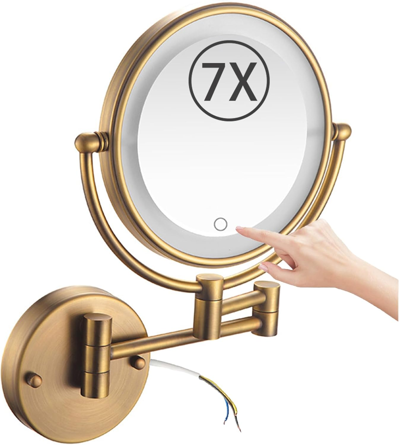 8" Wall Mounted Lighted Makeup Mirror, Stepless Dimming Hardwired Magnifying Vanity Mirror, Extendable LED Bathroom Shaving Mirror,Chrome,7X