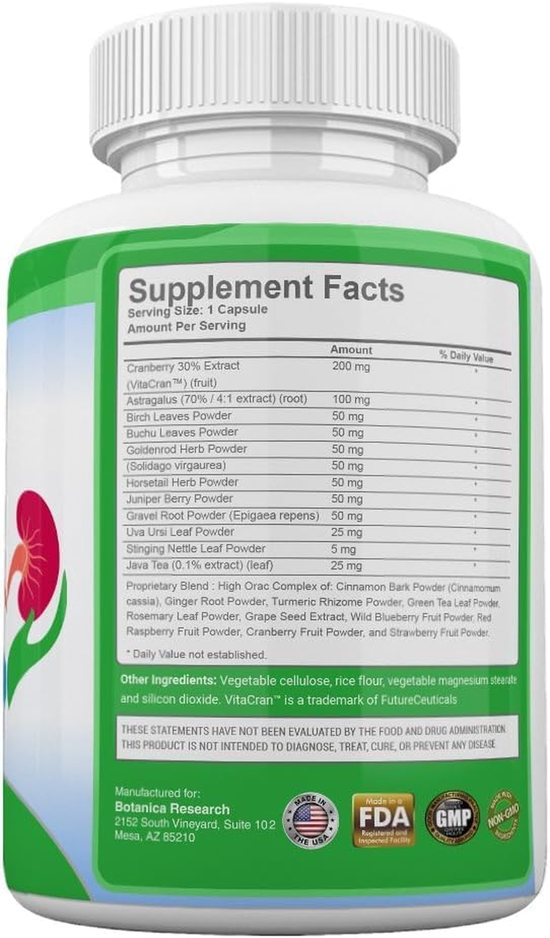 Botanica Kidney Support: Blend of Cranberry Fruit Extract Stinging Nettle Leaf Seed Gravel Root Astragalus Root Rosemary Leaf Horsetail Herb - Urinary Tract Health Vital Detox Cleanse Formula Bladder image number 2