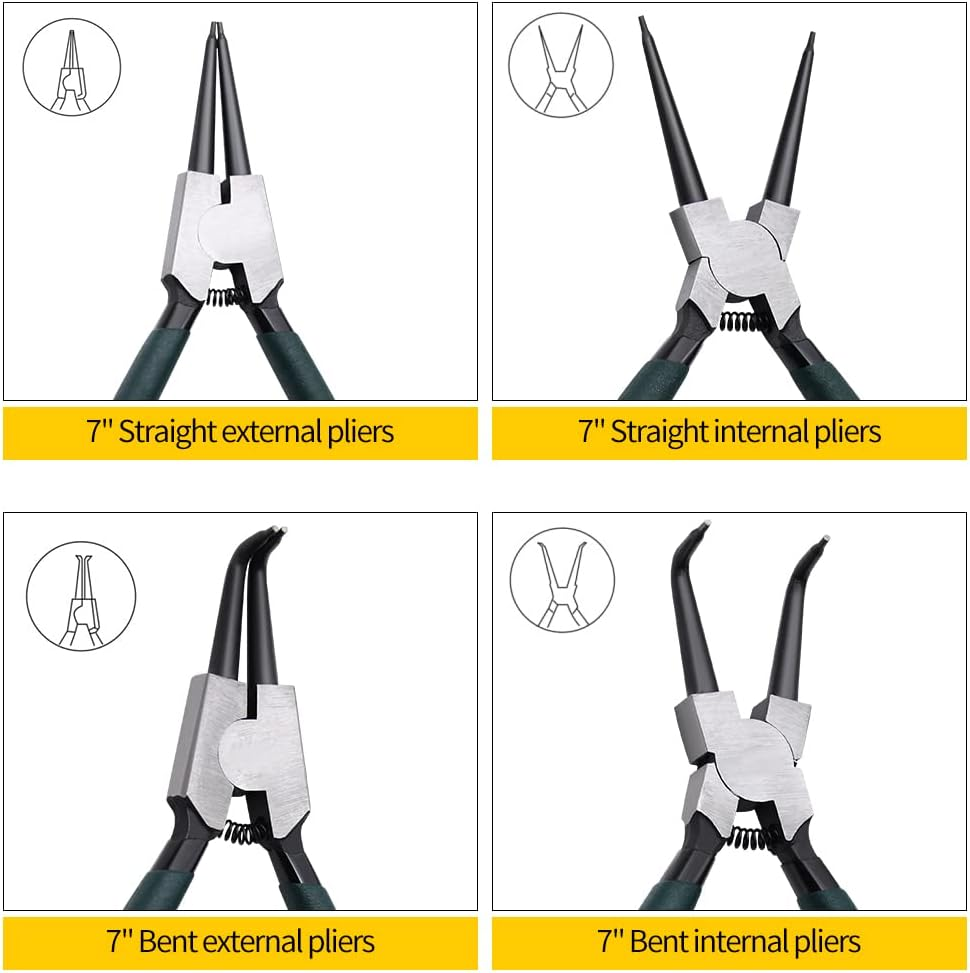 Snap Ring Pliers Set, 4Pcs 7" Internal/External Circlip Pliers Kit with Straight/Bent Jaw, Heavy Duty Precision Spring Loaded Pliers for Ring Remover Retaining and Remove Hoses, Gaskets image number 1