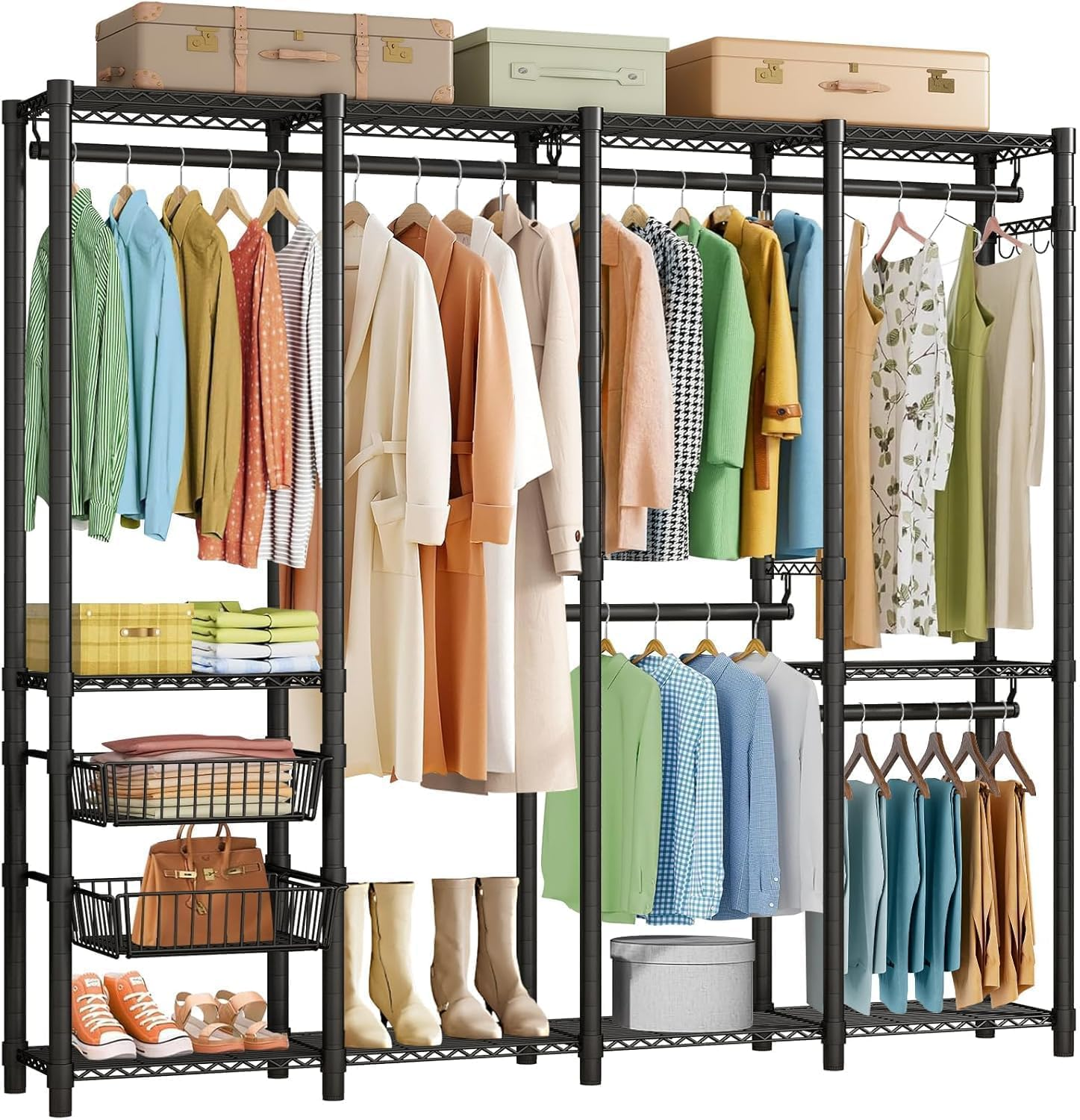 Clothes Rack Heavy Duty Clothes Rails, Metal Garment Rack Freestanding Portable Wardrobe Closet Rail with 2 Slid Baskets for Hanging Clothes Wire Clothing Rack, 192.5 X 45 X 195 Cm, Black