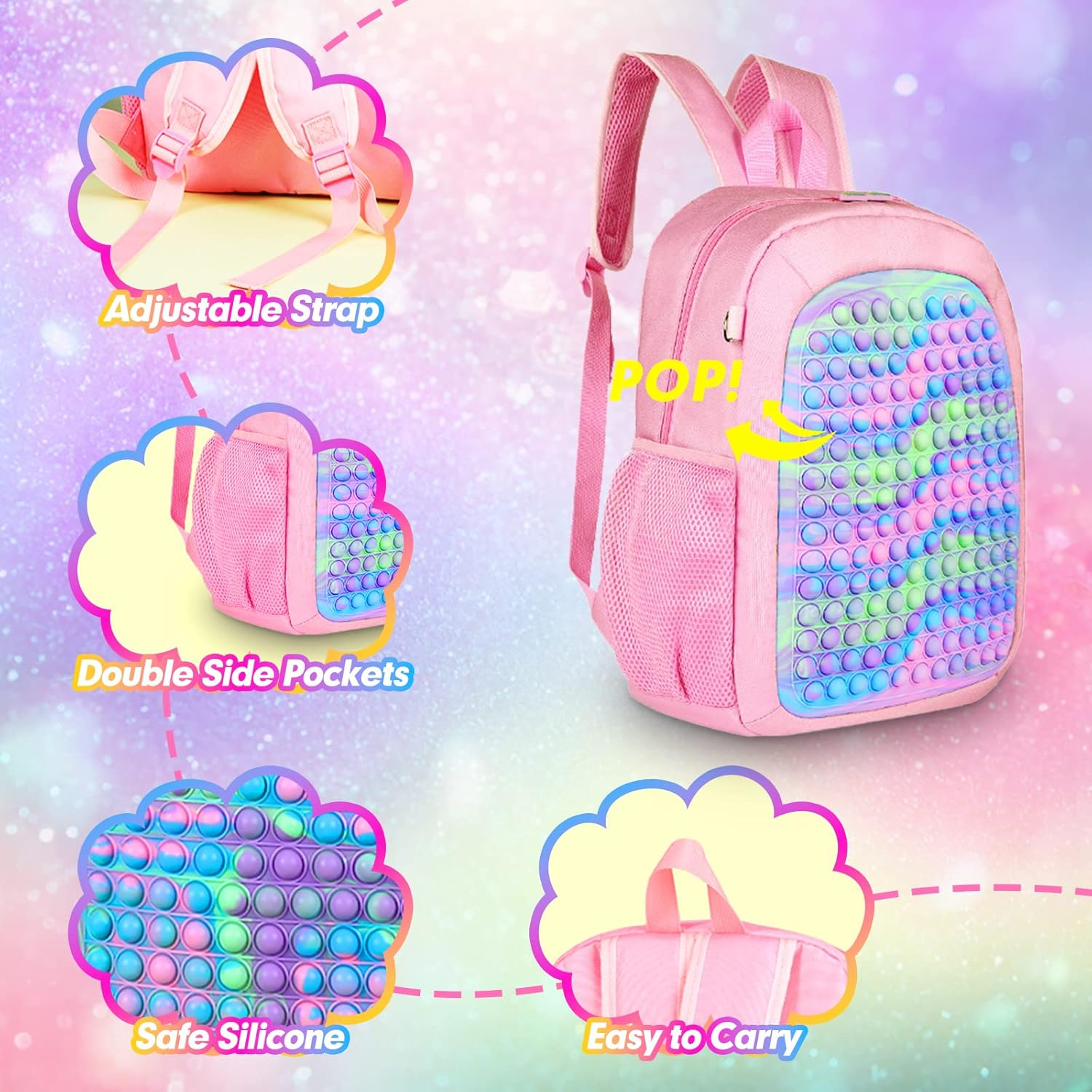 Large Pop Fidget Backpack for Girls, Pop It Bags&Pop It Notebook and Pencil Case for Kids' Fidget School Supplies for Elementary Student Stress Relief, Great Birthday Present Gift for Kids, Pink image number 5