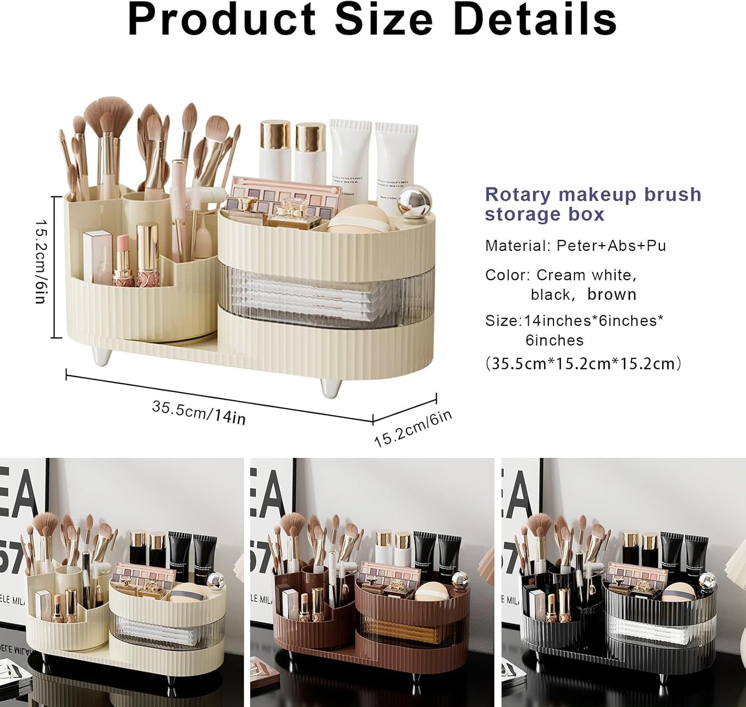 DASITON Makeup Organizer Countertop,360&deg; Rotating Makeup Brush Holder Organizer,Large Capacity Cosmetic Display Case with Drawers,Makeup Storage Organizer for Vanity,Desktop,Bathroom(Cream 02) image number 6
