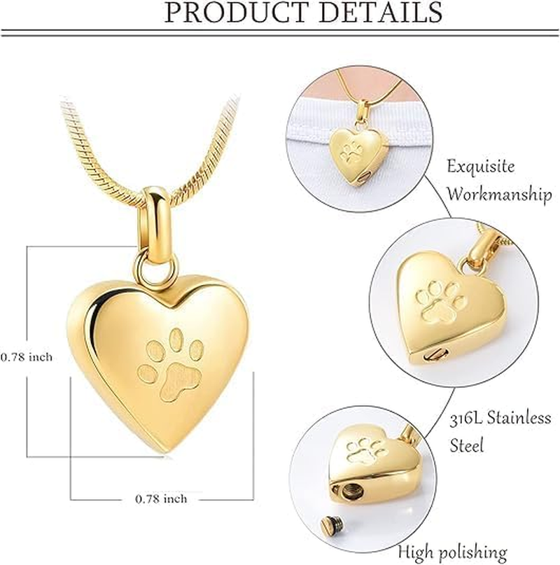 1Pcs Pet Cremation Jewelry for Ashes Pendant Paw Print Pet Heart Urn Necklace Memorial Keepsake Jewelry for Pet/Dog'S/Cat'S Ashes (Heart-Gold) image number 5