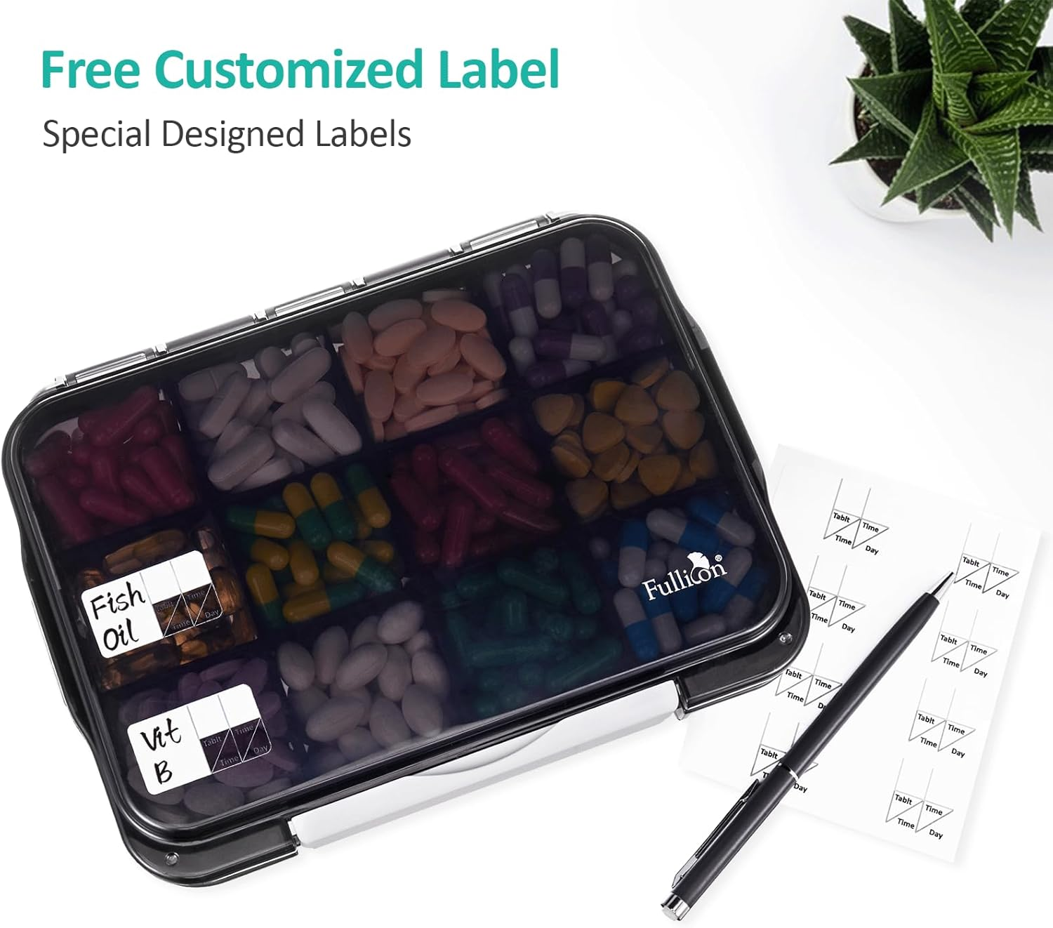 Fullicon Daily Travel Moisture Proof Pill Case with 12 Extra Large Compartment, Pill Organizer with 3 Secured Buckles, Large Supplement Box for Vitamin with Removable Dividers (Black) image number 4