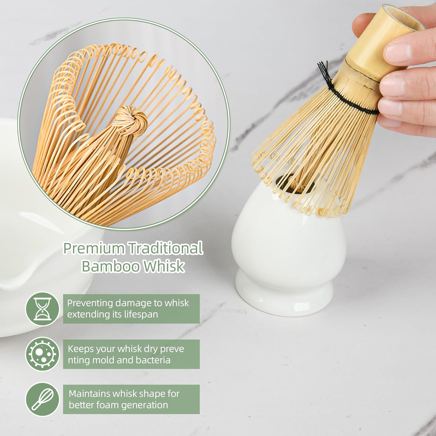 Matcha Whisk Set, Japanese Tea Set Includes Matcha Bowl with Spout, Matcha Whisk Stand, Bamboo Matcha Whisk and Bamboo Spoon, Matcha Powder Sieve, 17 Ounces White Ceramic Matcha Set (White) image number 5