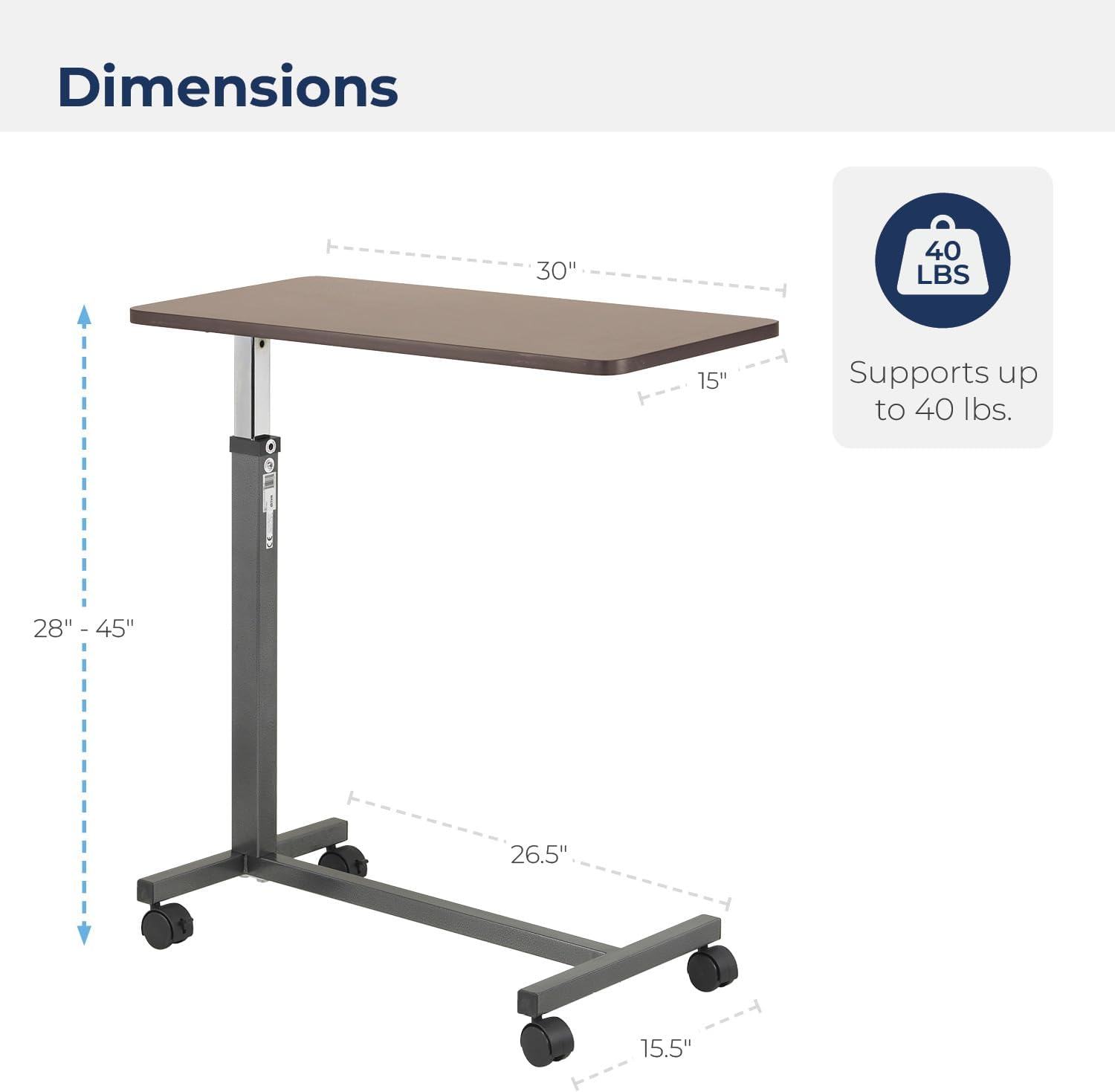 Drive Medical Non Tilt Top Overbed Table, Silver Vein image number 4