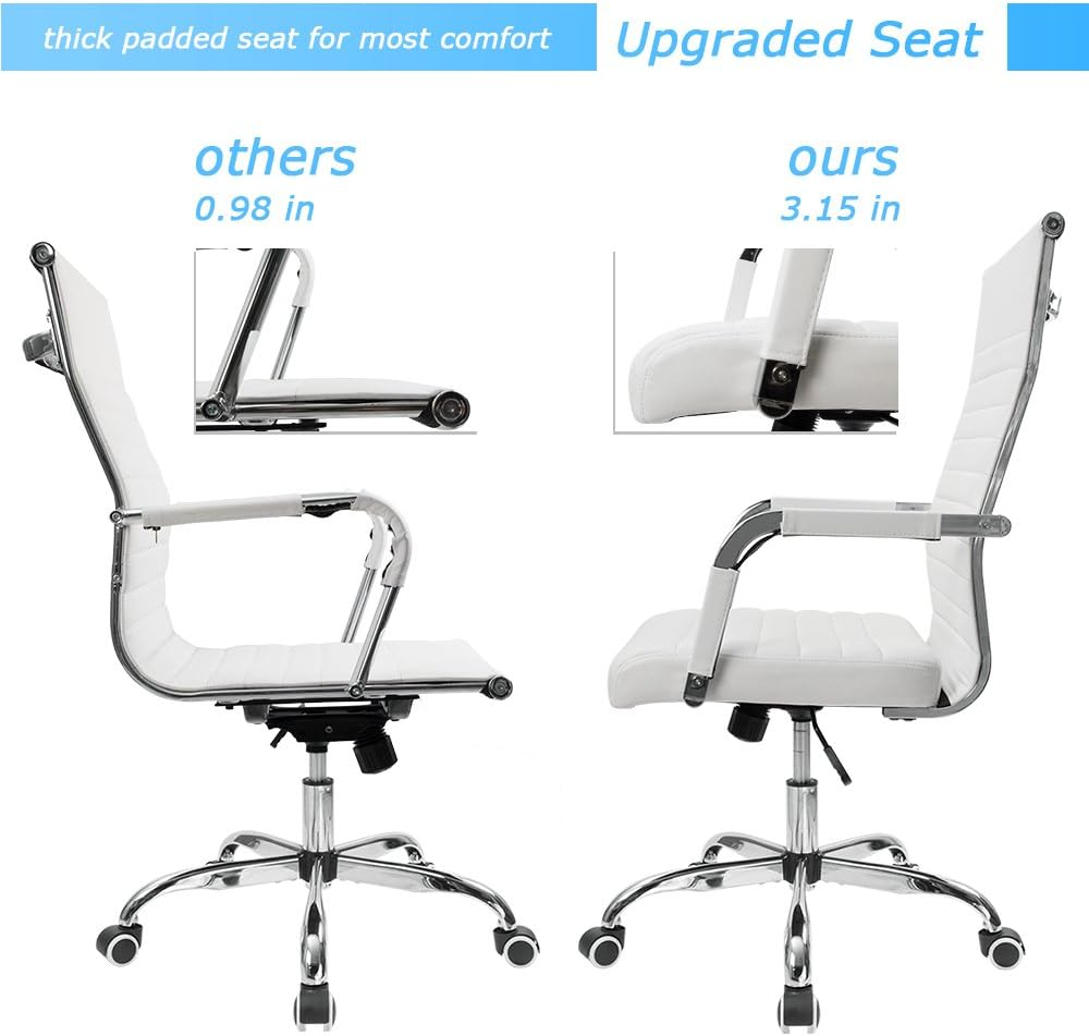 Ribbed Office Desk Mid-Back Pu Leather Executive Conference Task Adjustable Swivel Chair with Arms, White - Grey image number 6