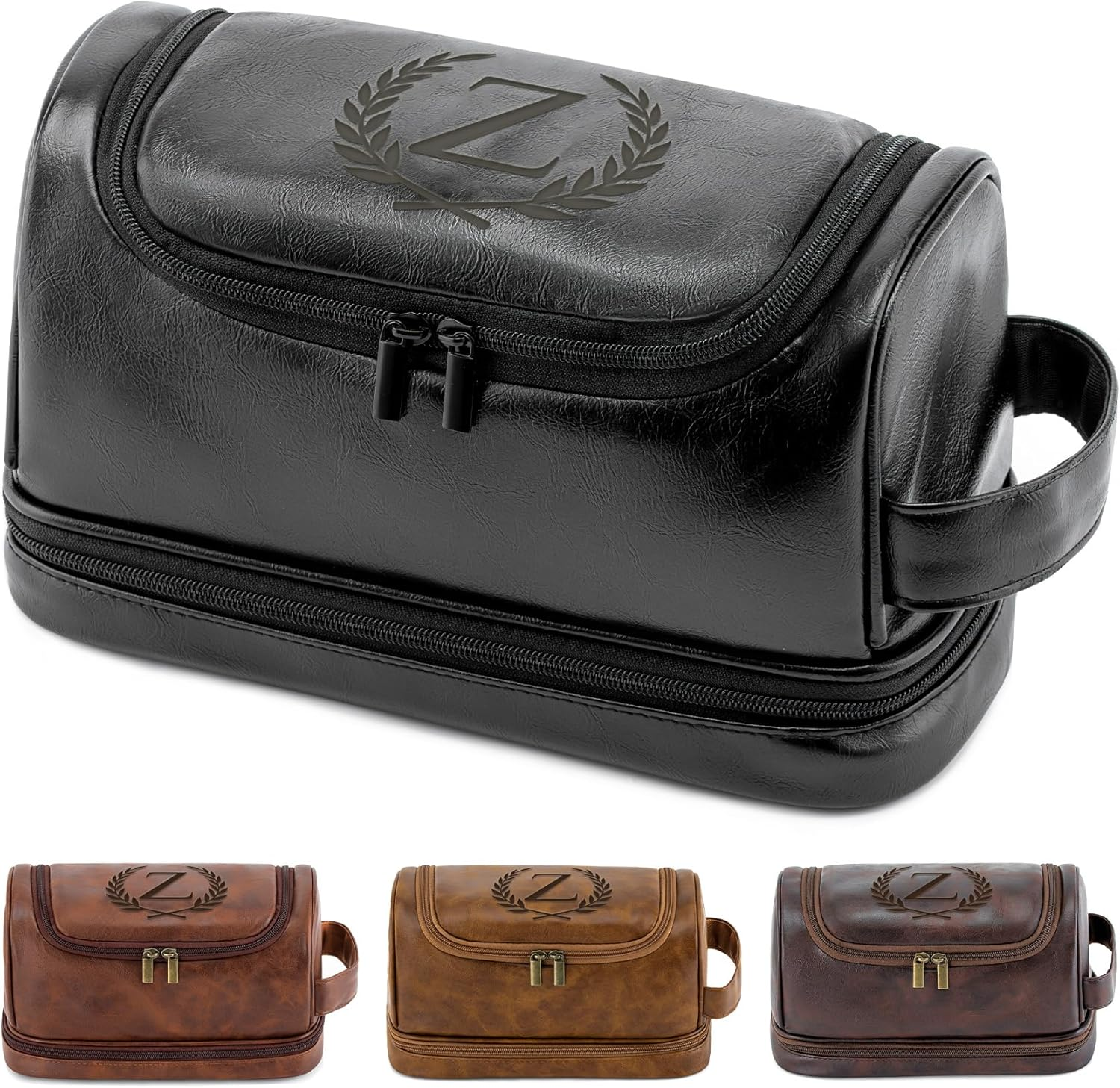 Aganmi Personalized Gifts Travel Toiletry Bag for Men Him, Laser-Engraved Initial PU Leather Waterproof Shaving Bag Christmas Birthday Gift for Men Dad Husband Boyfriend Groomsmen, Black M