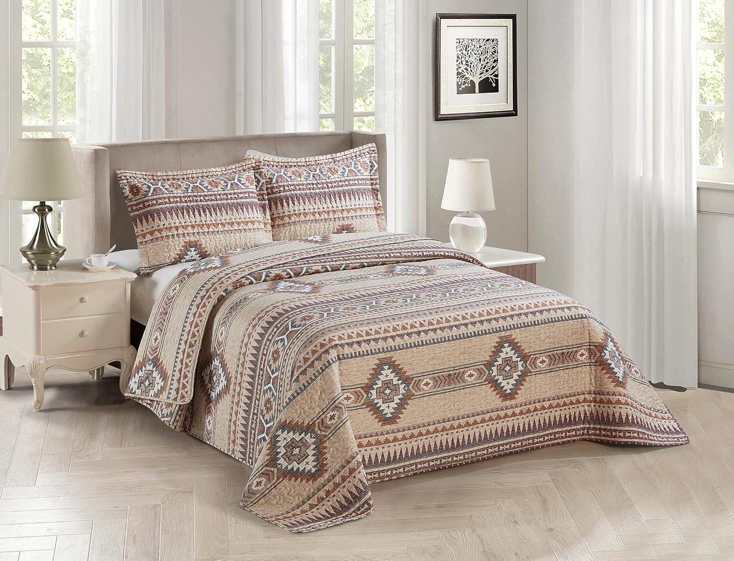 Rustic Southwest Quilted Western Bedspread Bedding Set in Brown Beige Taupe Charcoal and Tribal Native American Patterns - Nevada (King/Cal-King) image number 1