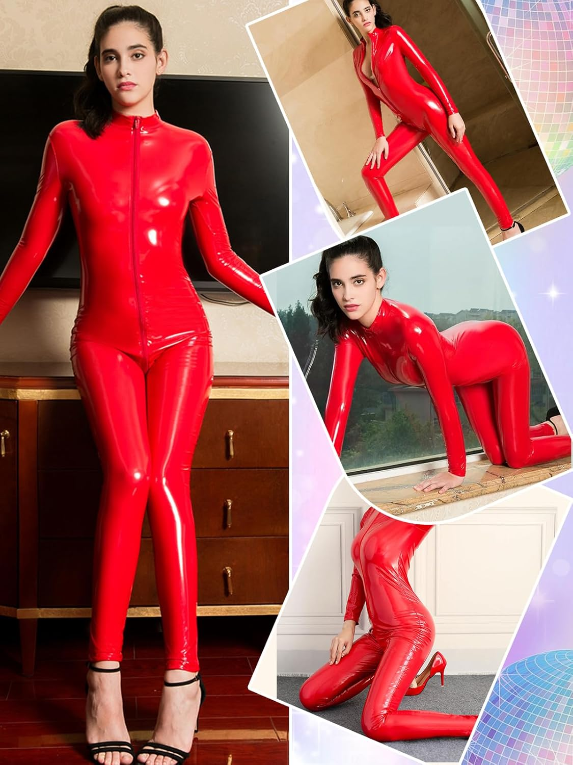 Women'S Bodysuits Jumpsuits Sexy Shiny PVC Leather Catsuit Sexy Full Body Latex Tight Catsuits Wet Look Leather Zipper Shaperwear Nightclub image number 2