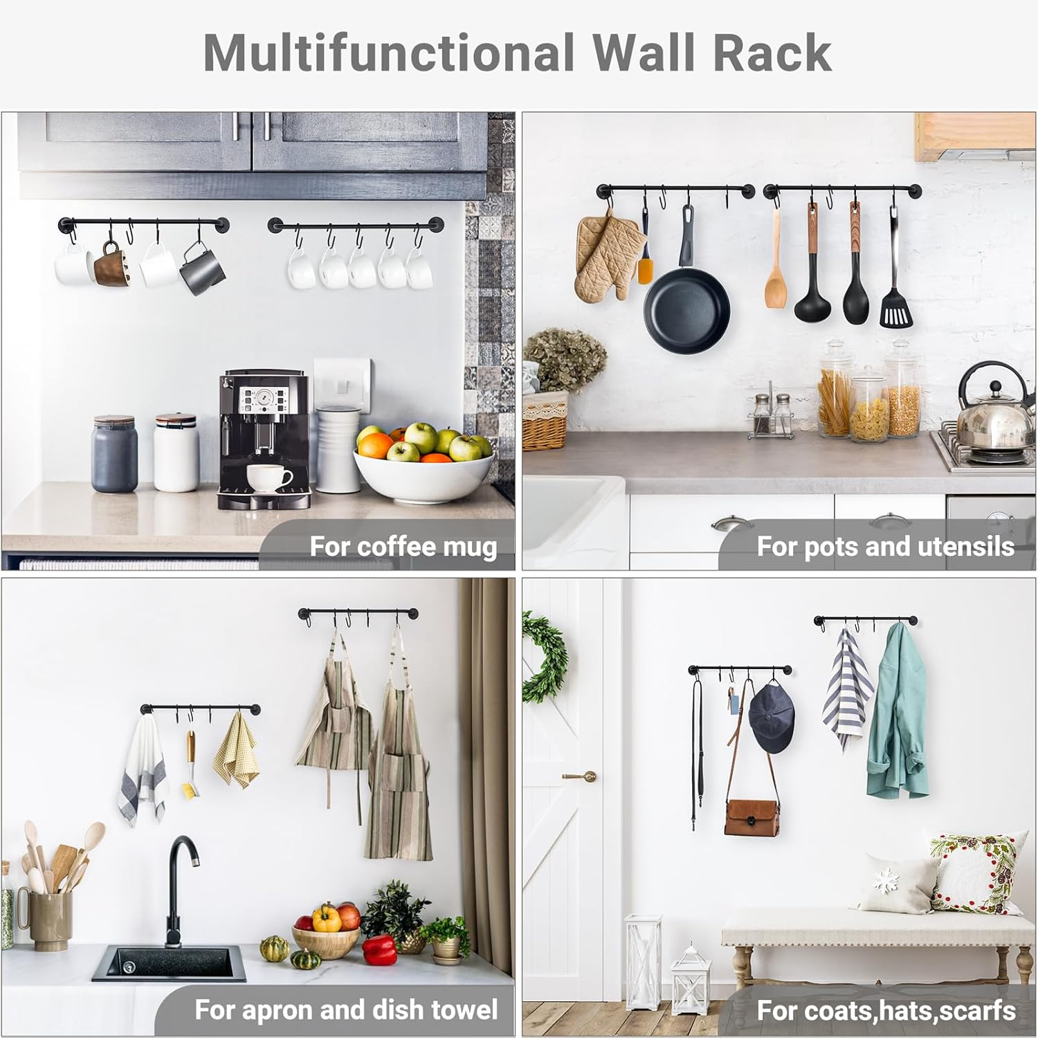 Mkono Mug Holder Wall Mounted Coffee Cup Rack Hanger Modern Metal with 10 Mug Hooks Rustic Utensil Tea Cups Storage Organizer for Kitchen Dining Room Coffee Bar, Set of 2, Black image number 4