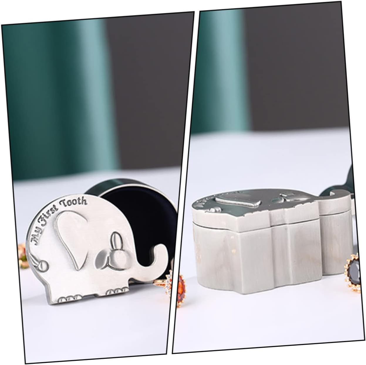 Sosoport My First Curl and Tooth Keepsake Box Set Elephant Shape Newborn Baby Tooth and Hair Organizer Silver Metal for Baby Shower Gifts image number 5