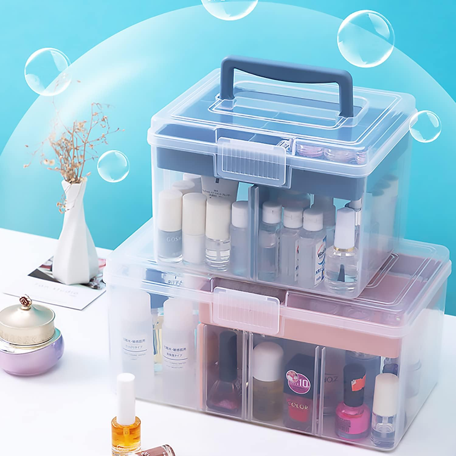 FOREVERIE Clear Small Plastic Storage Box with Handle & a Removable Tray & Adjustable Divider, Kids Students Children Art Box, Desk Organiser Case, Medicine Storage Box (Clear & Ocean Blue) image number 6