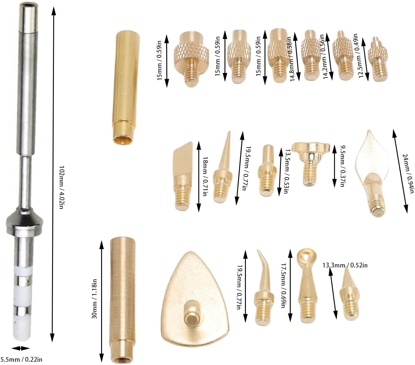 Heat Set Insert Tool, 18Pcs Brass Heat Insert Nut Iron Tip 3D Printing Modify Finishing Tool Set with Brass Trimming Head, Heat Press Machine Accessories image number 5